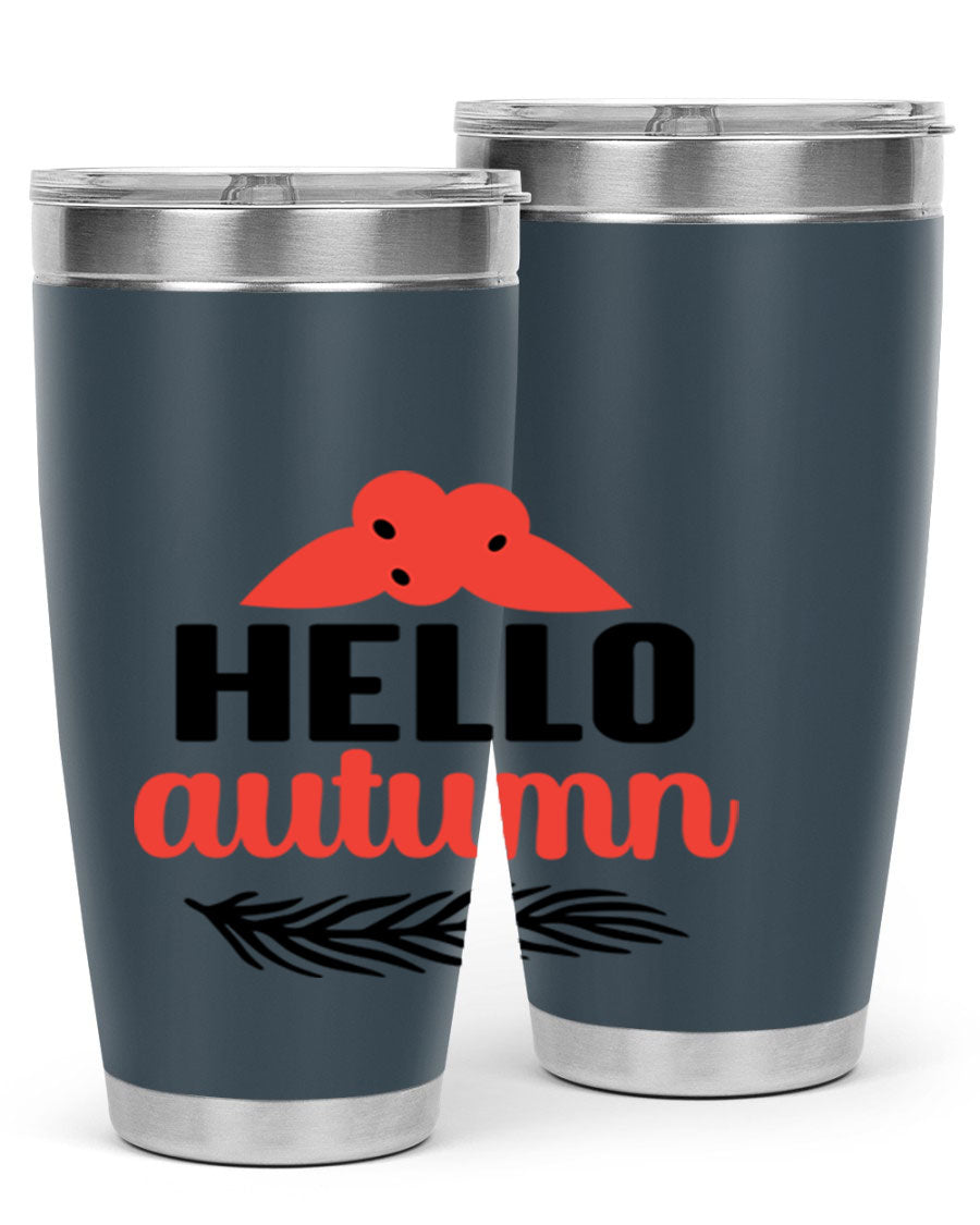 Hello Autumn 20oz tumbler featuring a fall-themed design, double wall vacuum insulation, and a drink-thru lid.