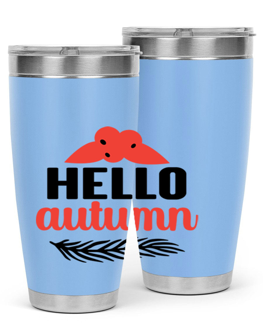 Hello Autumn 20oz tumbler featuring a fall-themed design, double wall vacuum insulation, and a drink-thru lid.