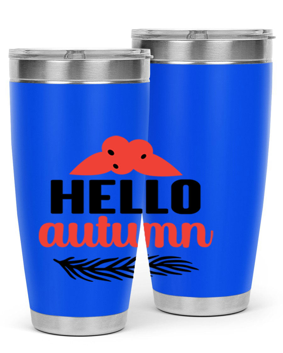 Hello Autumn 20oz tumbler featuring a fall-themed design, double wall vacuum insulation, and a drink-thru lid.