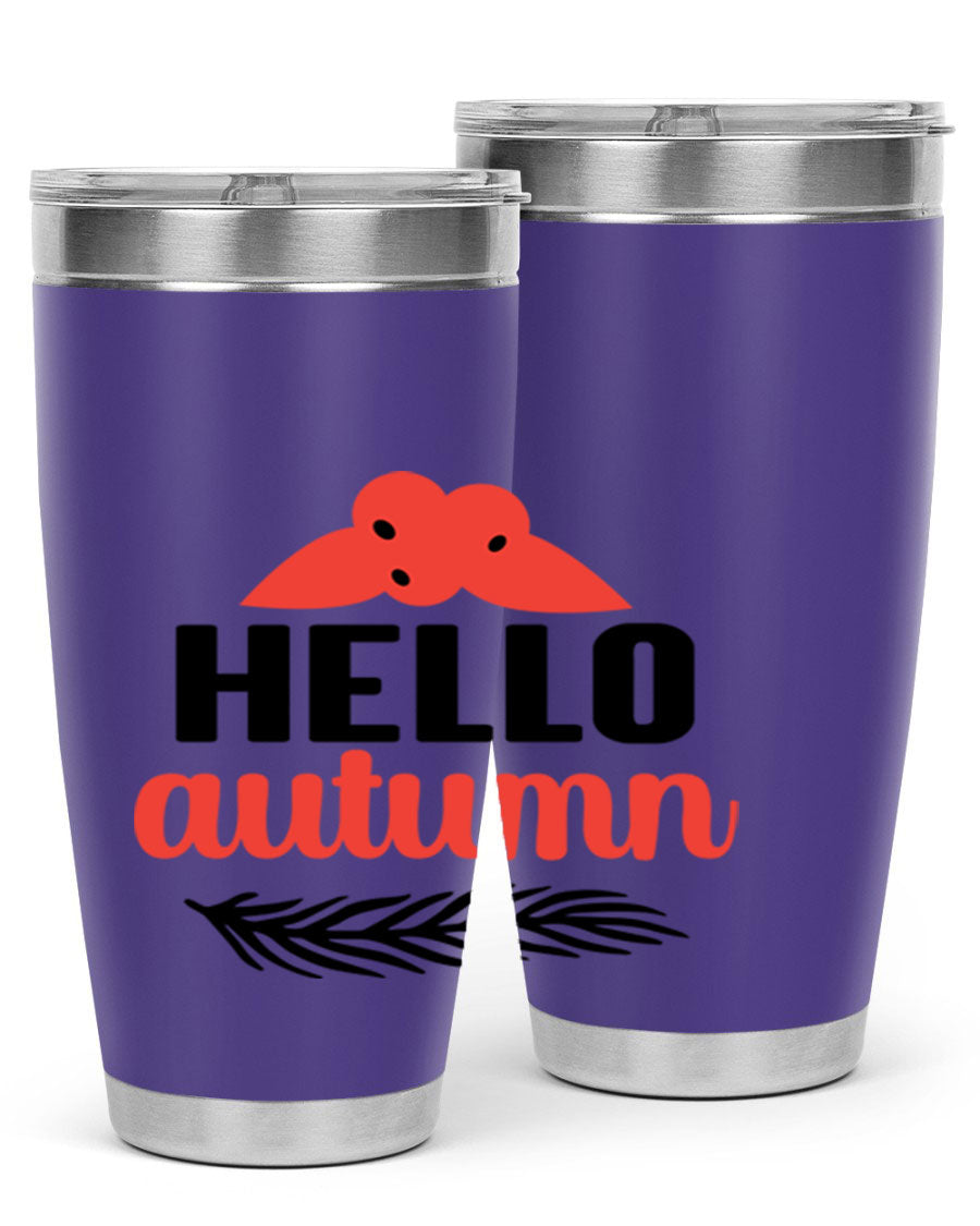 Hello Autumn 20oz tumbler featuring a fall-themed design, double wall vacuum insulation, and a drink-thru lid.