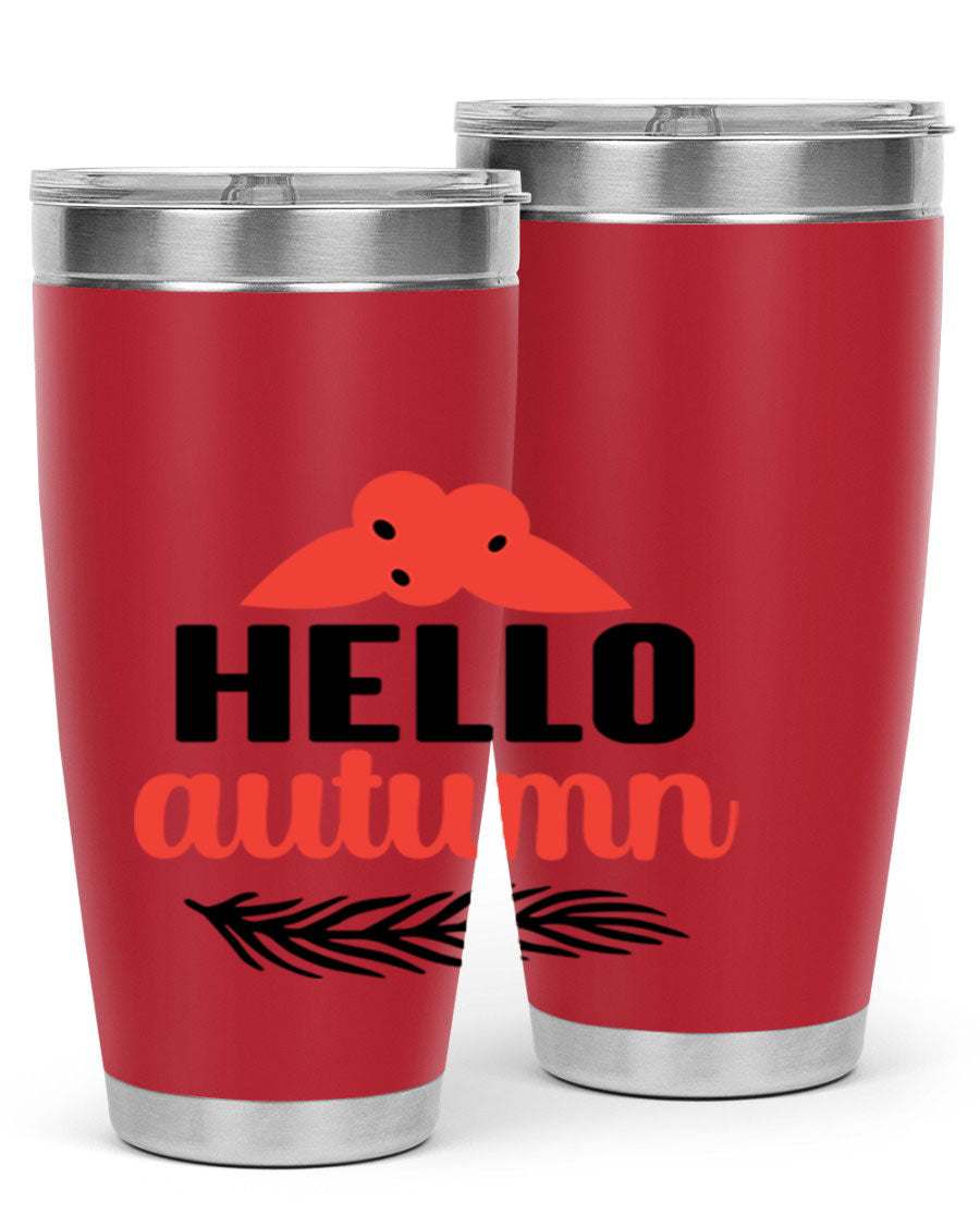 Hello Autumn 20oz tumbler featuring a fall-themed design, double wall vacuum insulation, and a drink-thru lid.