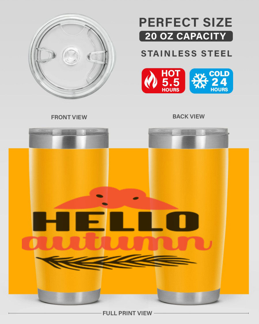 Hello Autumn 20oz tumbler featuring a fall-themed design, double wall vacuum insulation, and a drink-thru lid.