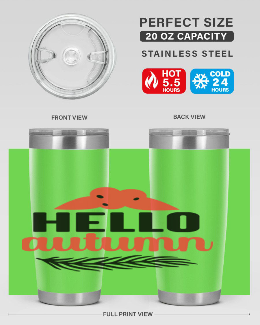 Hello Autumn 20oz tumbler featuring a fall-themed design, double wall vacuum insulation, and a drink-thru lid.