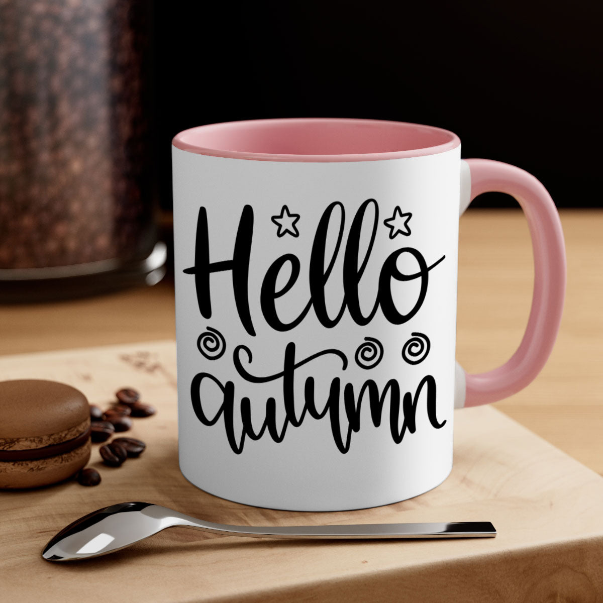 Hello Autumn 270# Mug featuring a glossy finish, colored handle, and interior, available in five colors and two sizes.