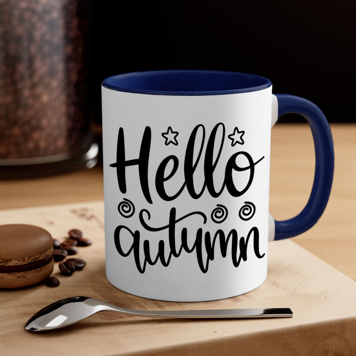 Hello Autumn 270# Mug featuring a glossy finish, colored handle, and interior, available in five colors and two sizes.