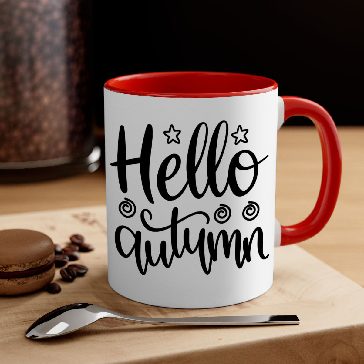 Hello Autumn 270# Mug featuring a glossy finish, colored handle, and interior, available in five colors and two sizes.