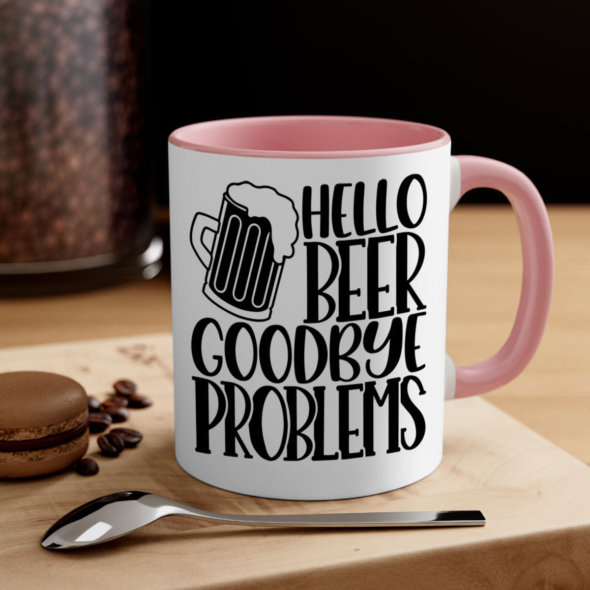 Hello Beer Goodbye Problems Mug with colorful handle and glossy finish, available in multiple colors and sizes.