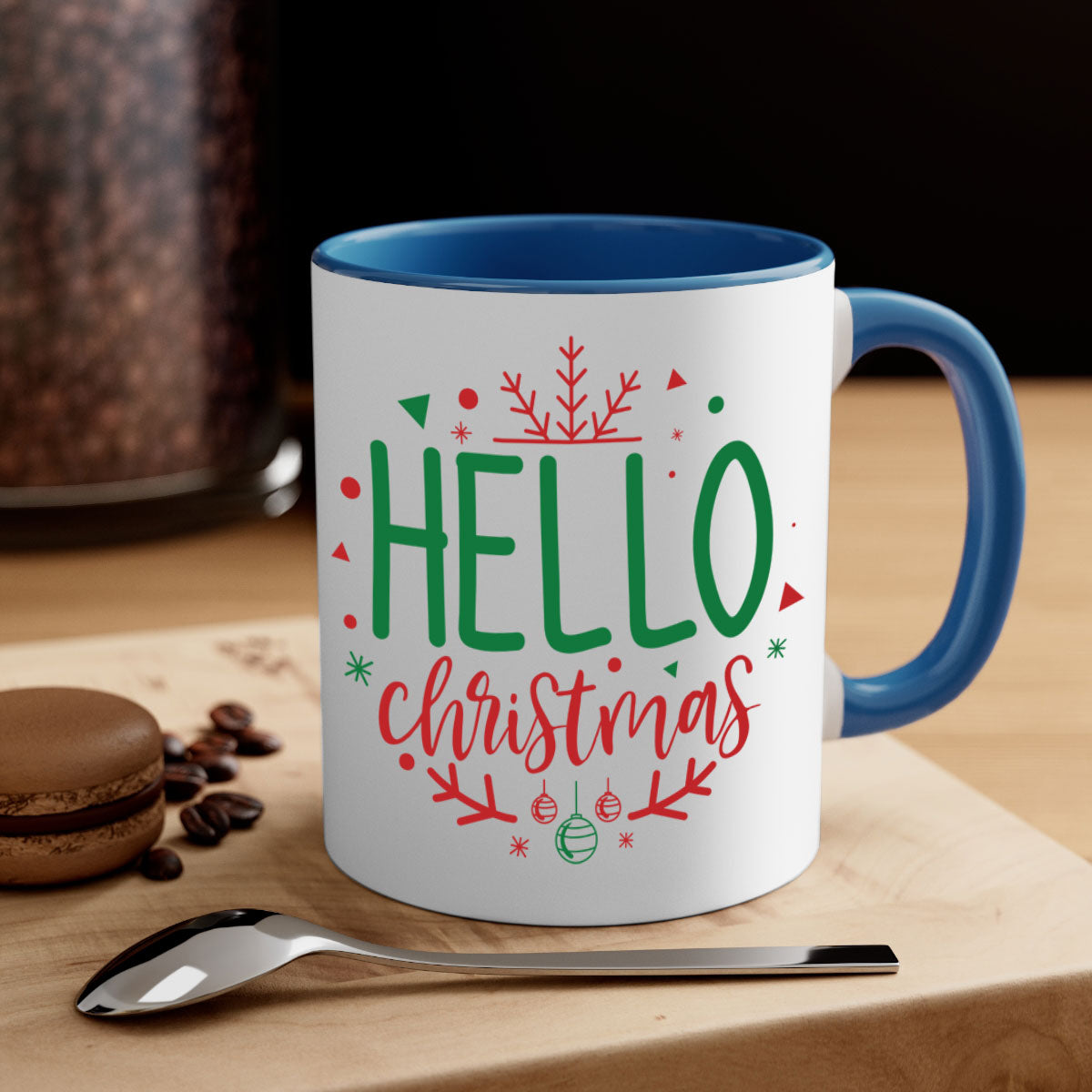 Hello Christmas Style 285# Mug featuring a glossy finish, colored handle, and interior, available in five vibrant colors.