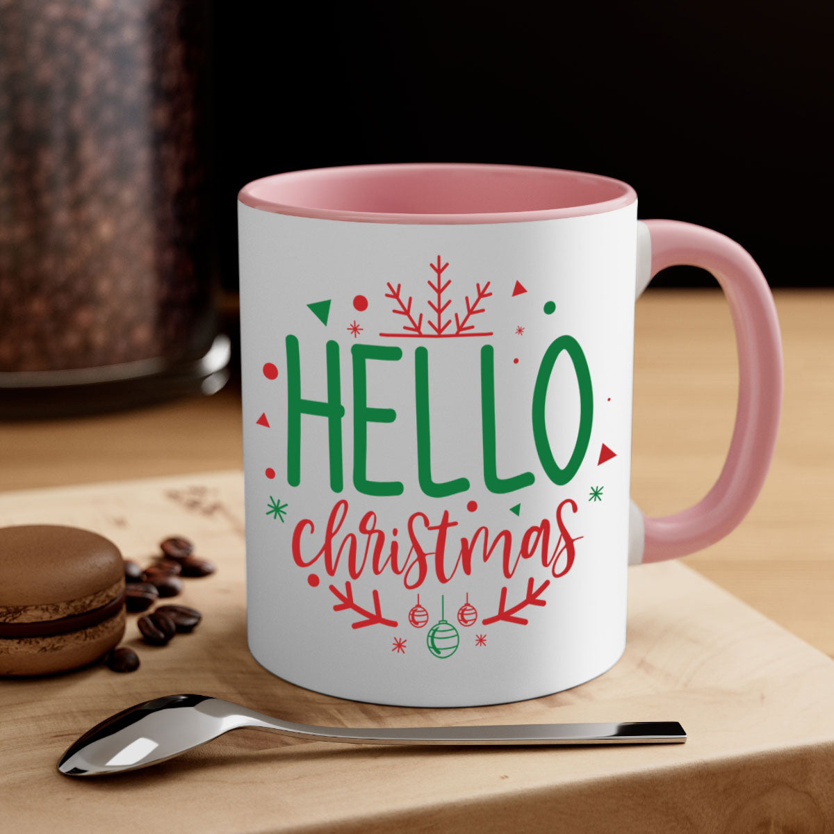 Hello Christmas Style 285# Mug featuring a glossy finish, colored handle, and interior, available in five vibrant colors.