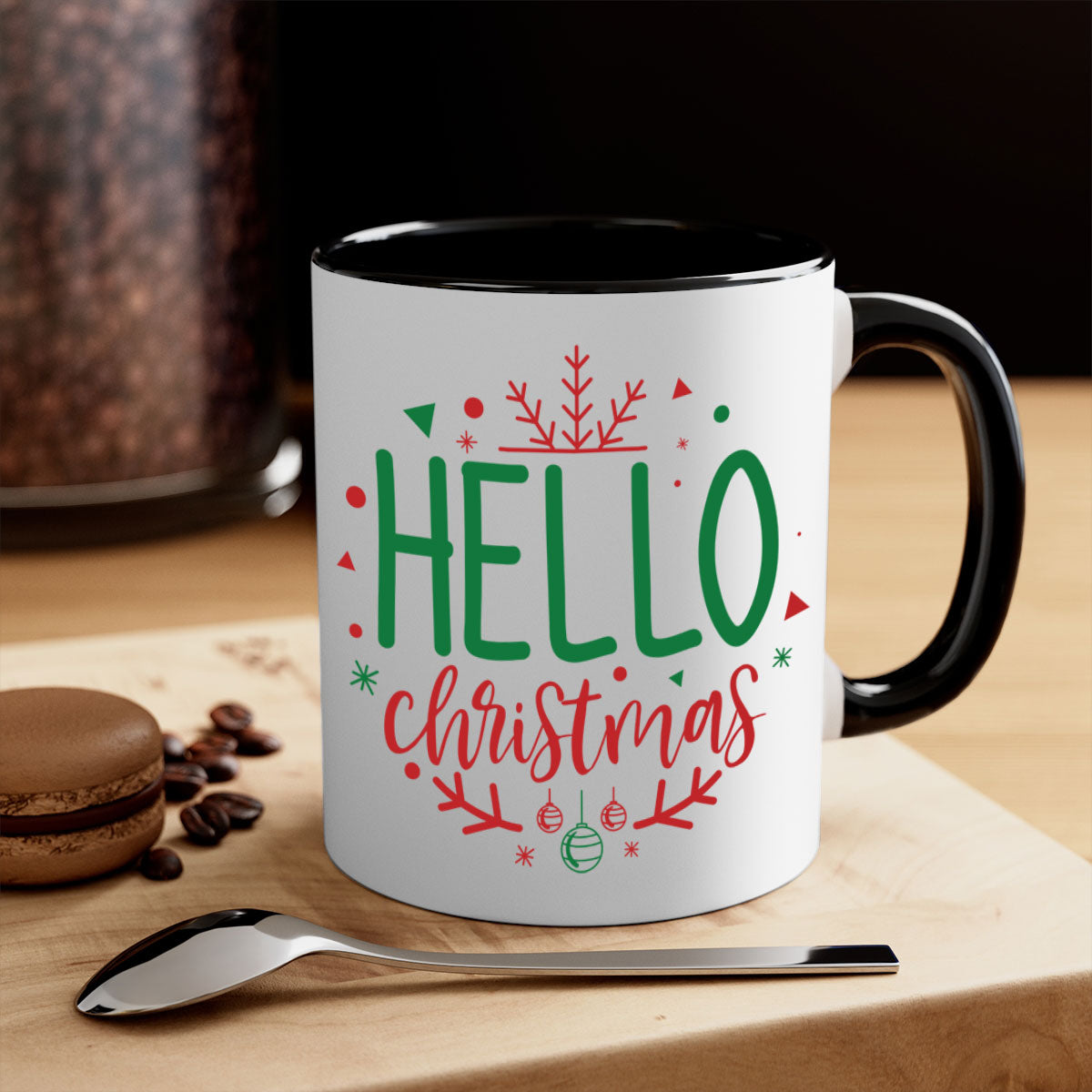 Hello Christmas Style 285# Mug featuring a glossy finish, colored handle, and interior, available in five vibrant colors.