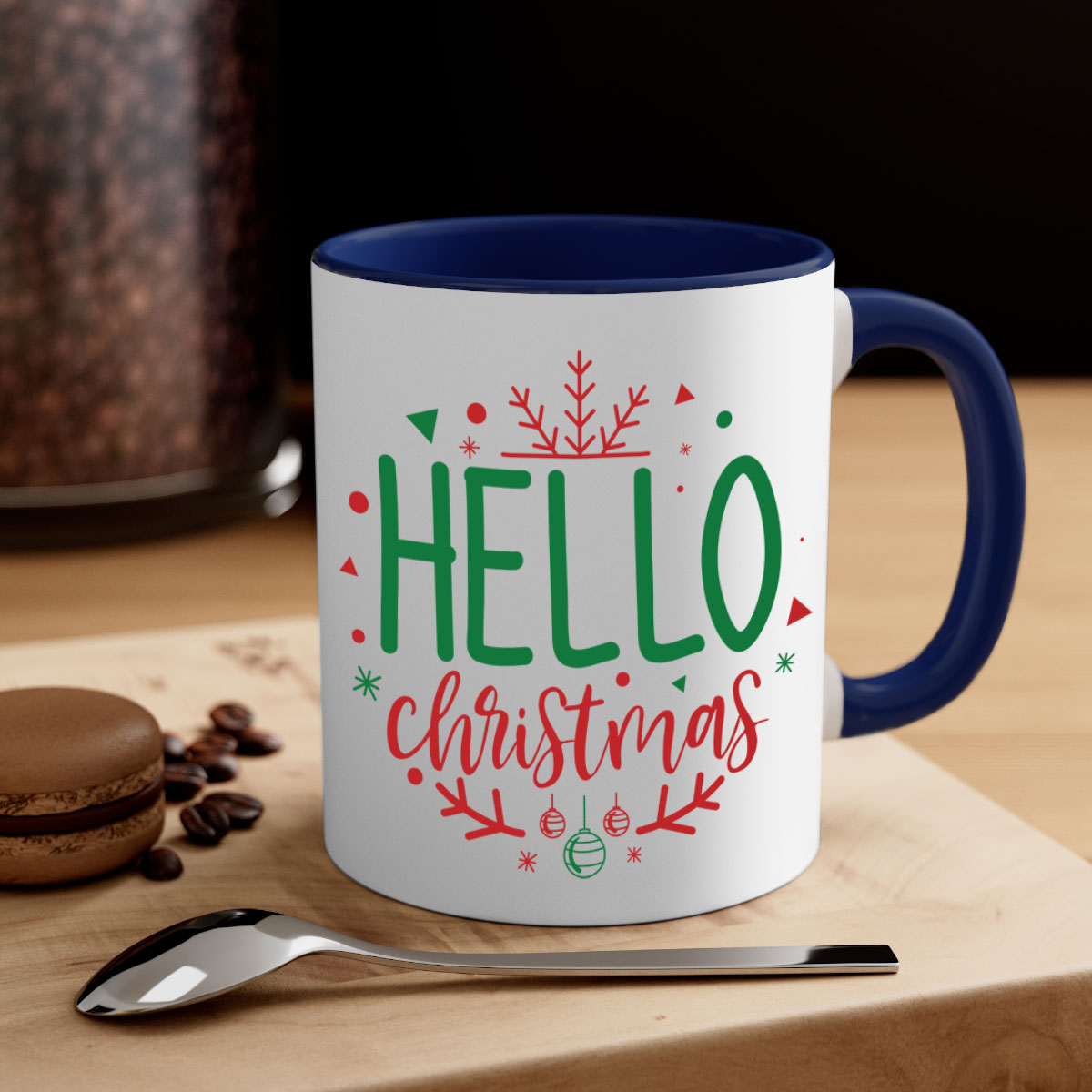 Hello Christmas Style 285# Mug featuring a glossy finish, colored handle, and interior, available in five vibrant colors.