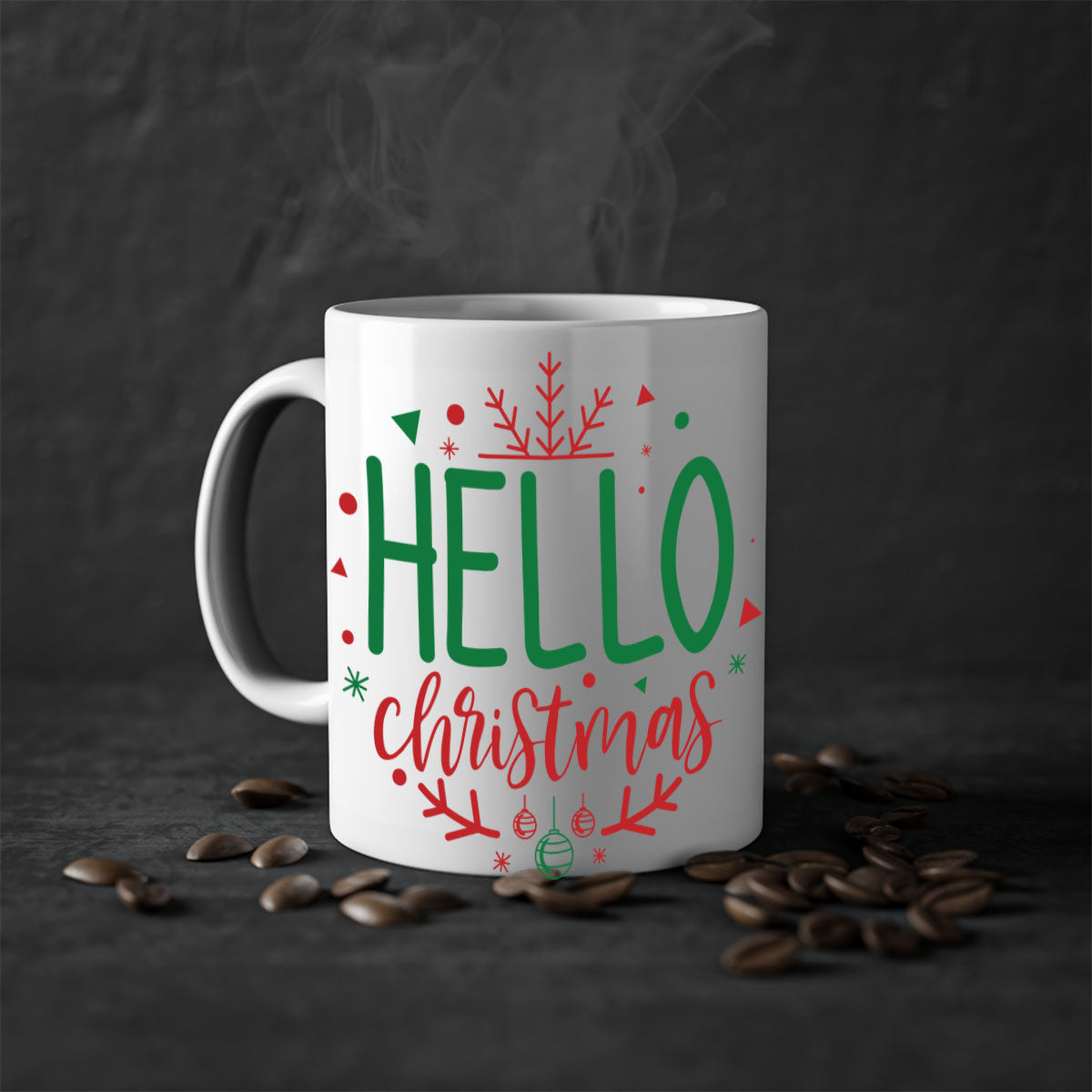 Hello Christmas Style 285# Mug featuring a glossy finish, colored handle, and interior, available in five vibrant colors.