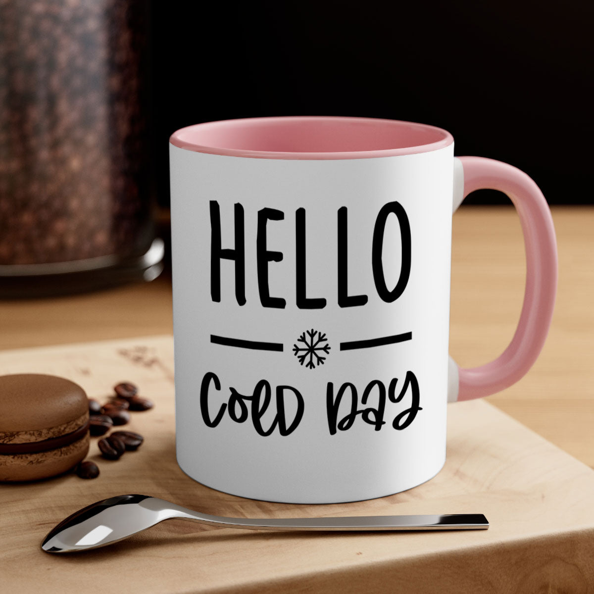 Hello Cold Day141# winter mug with a glossy finish, featuring a colored handle and interior, available in multiple colors and sizes.