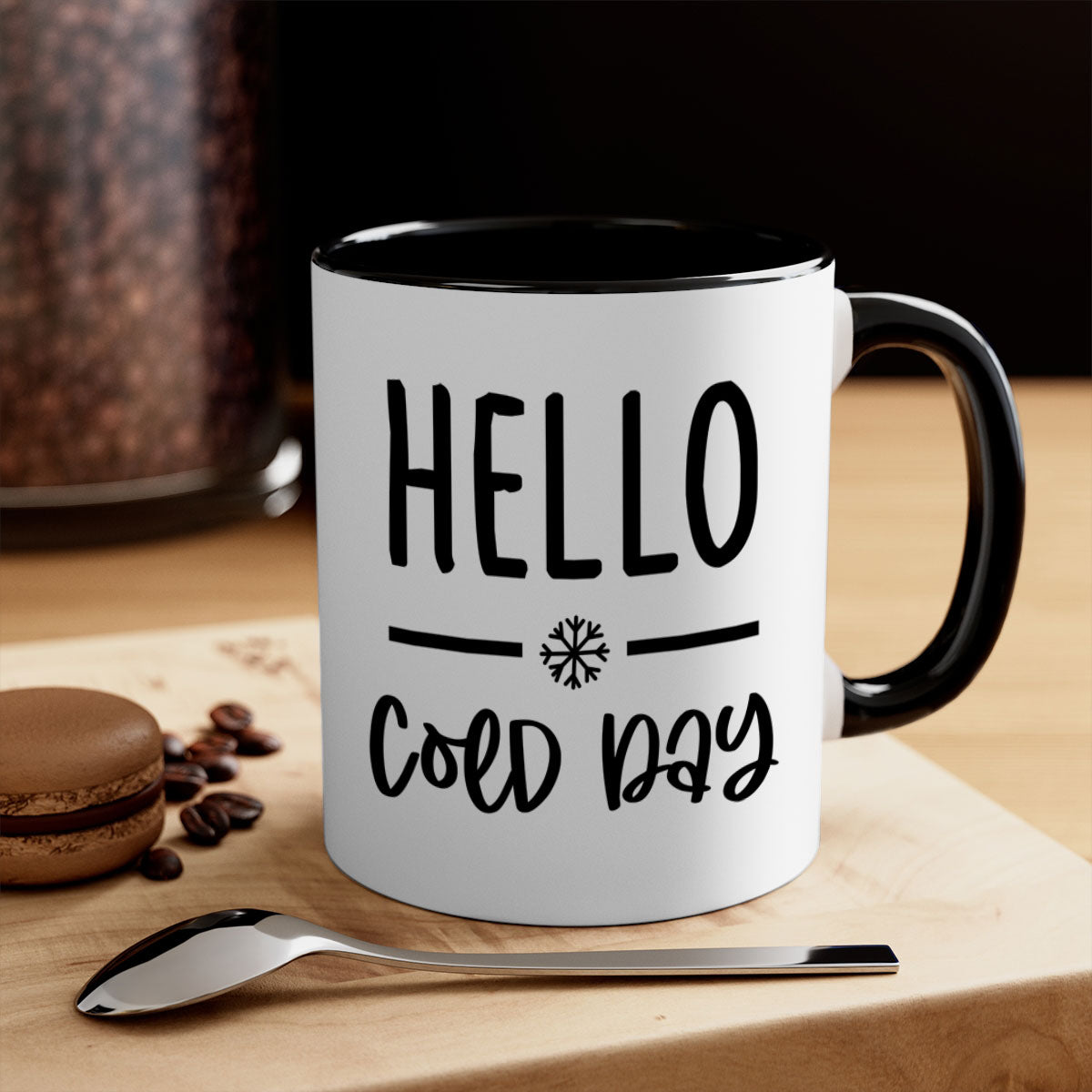 Hello Cold Day141# winter mug with a glossy finish, featuring a colored handle and interior, available in multiple colors and sizes.