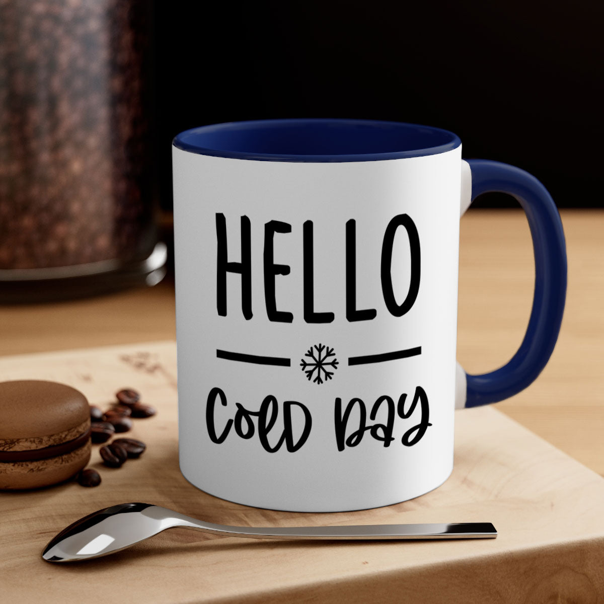 Hello Cold Day141# winter mug with a glossy finish, featuring a colored handle and interior, available in multiple colors and sizes.