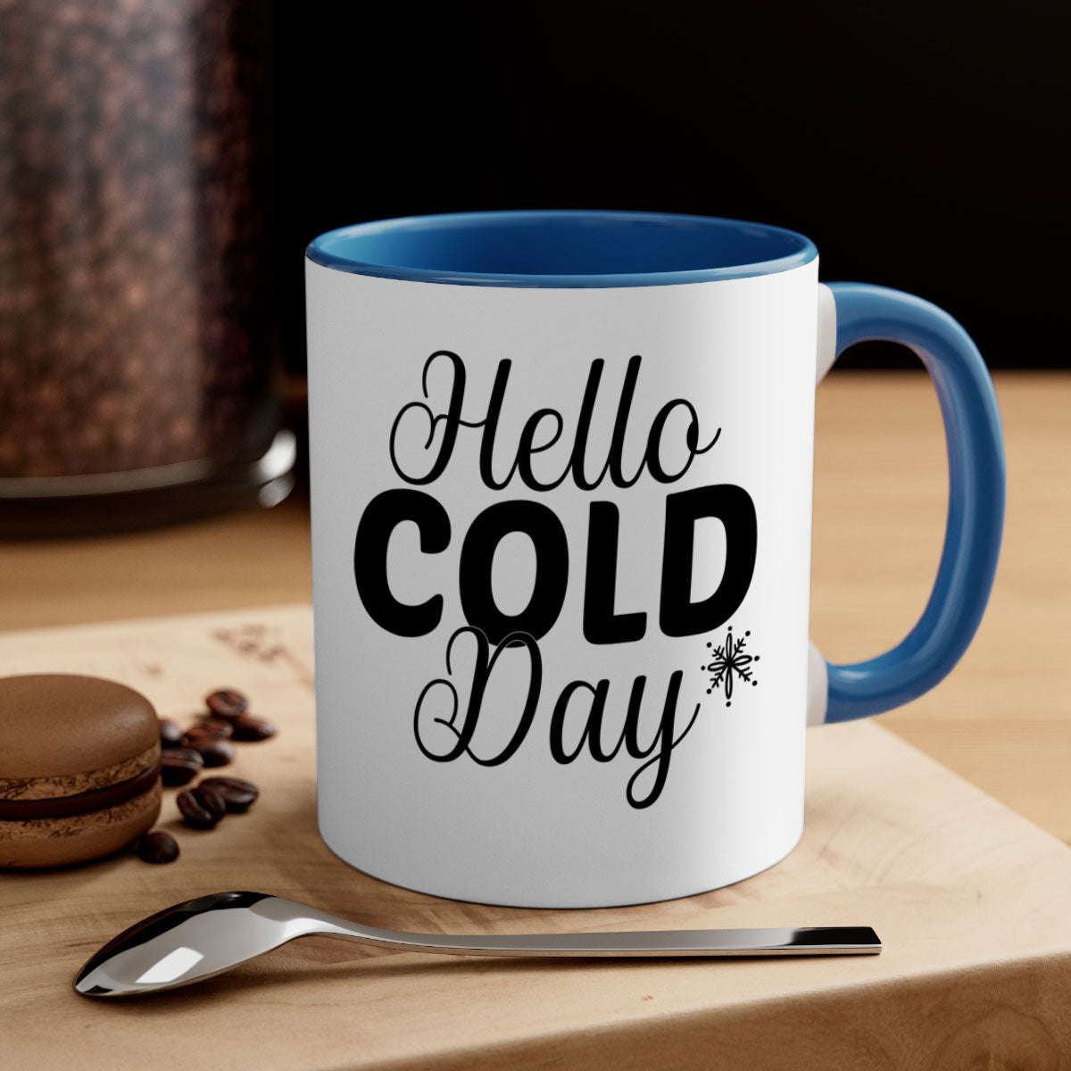 Hello Cold Day143# winter mug with a glossy finish, featuring a colored handle and interior, available in multiple colors and sizes.