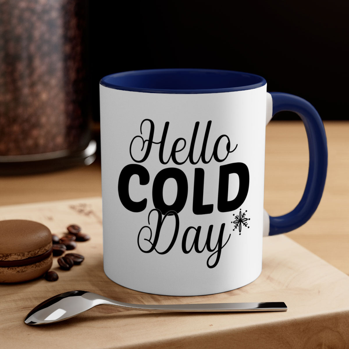 Hello Cold Day143# winter mug with a glossy finish, featuring a colored handle and interior, available in multiple colors and sizes.