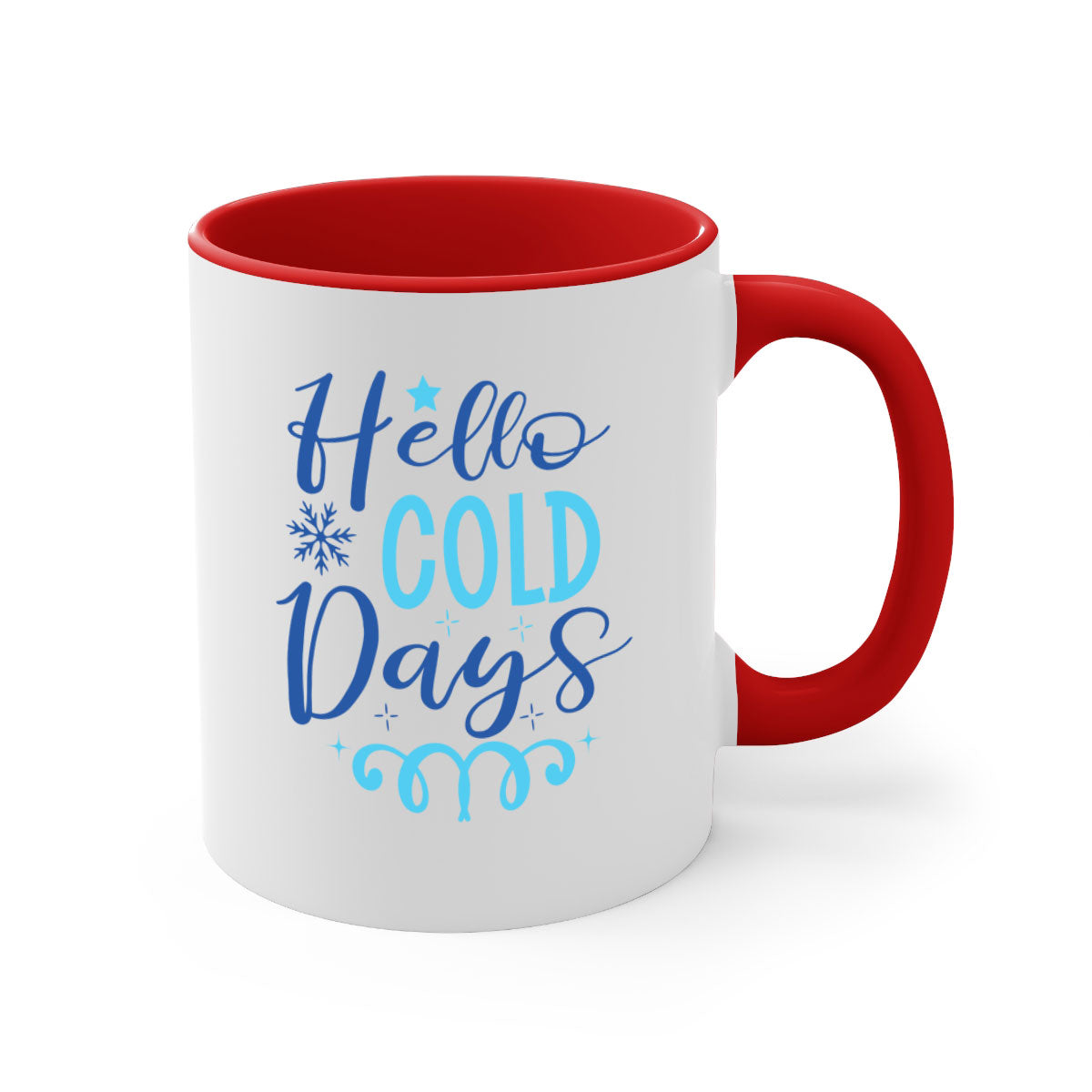 Hello Cold Days 145# winter mug with a glossy finish and colored handle, available in multiple colors and sizes.