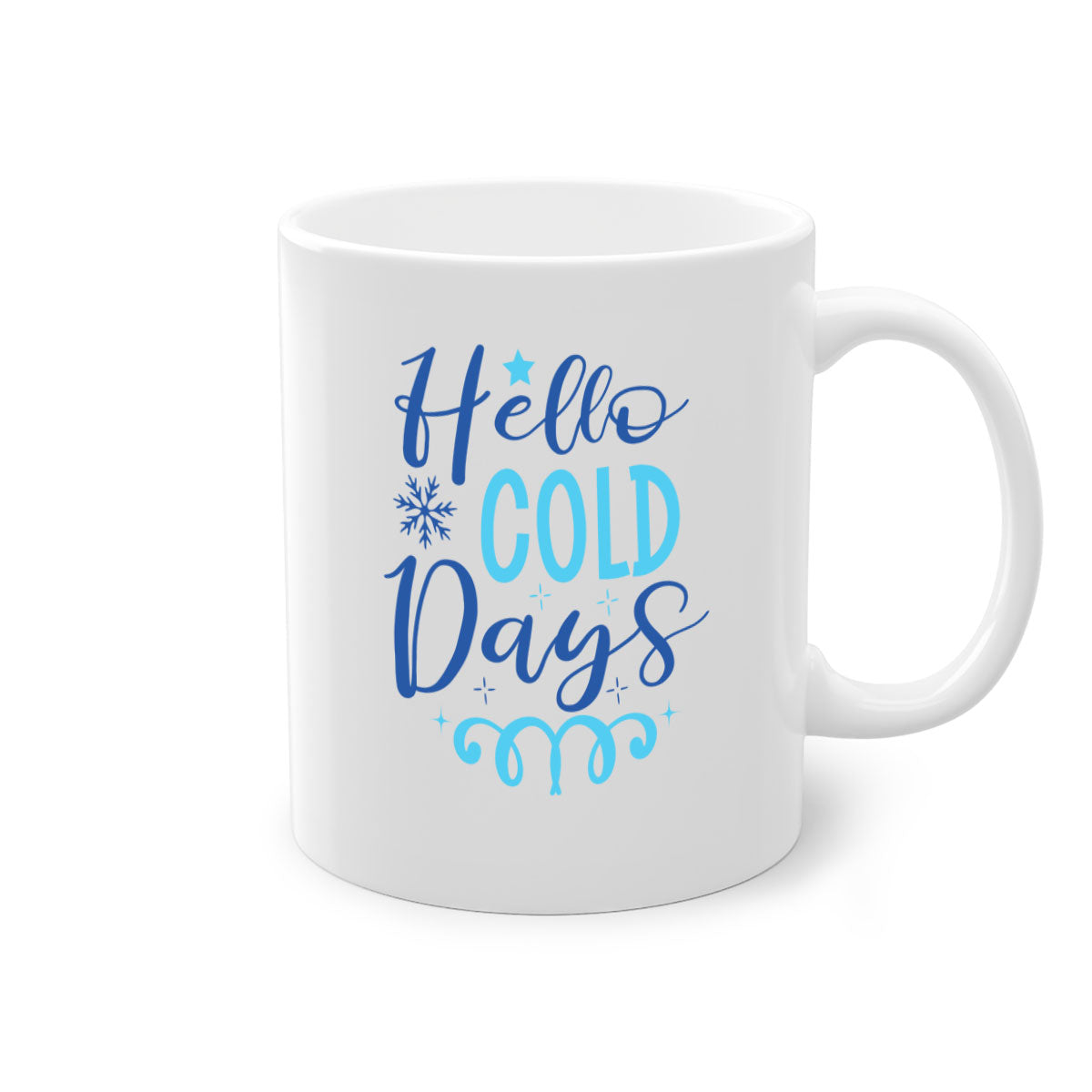 Hello Cold Days 145# winter mug with a glossy finish and colored handle, available in multiple colors and sizes.