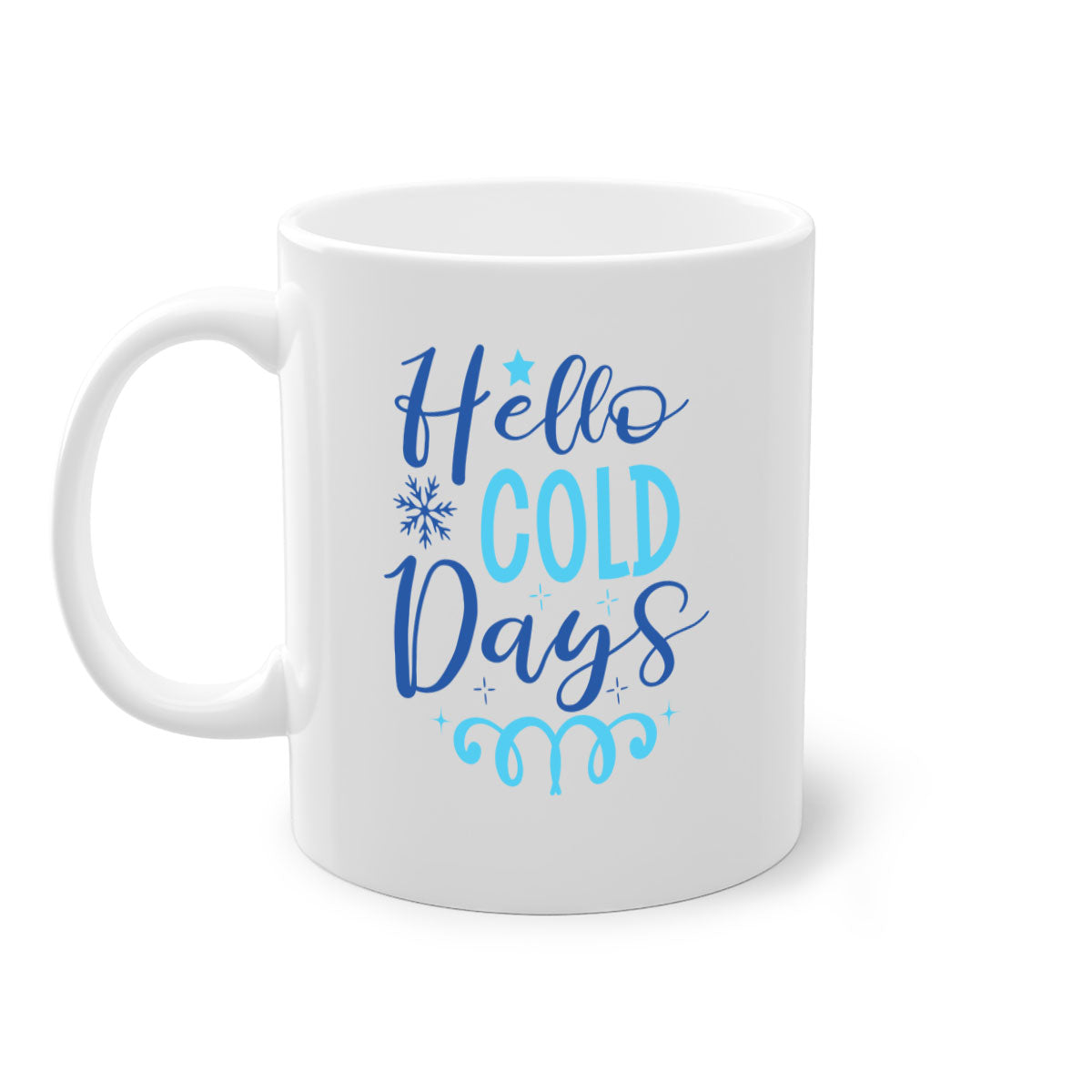 Hello Cold Days 145# winter mug with a glossy finish and colored handle, available in multiple colors and sizes.