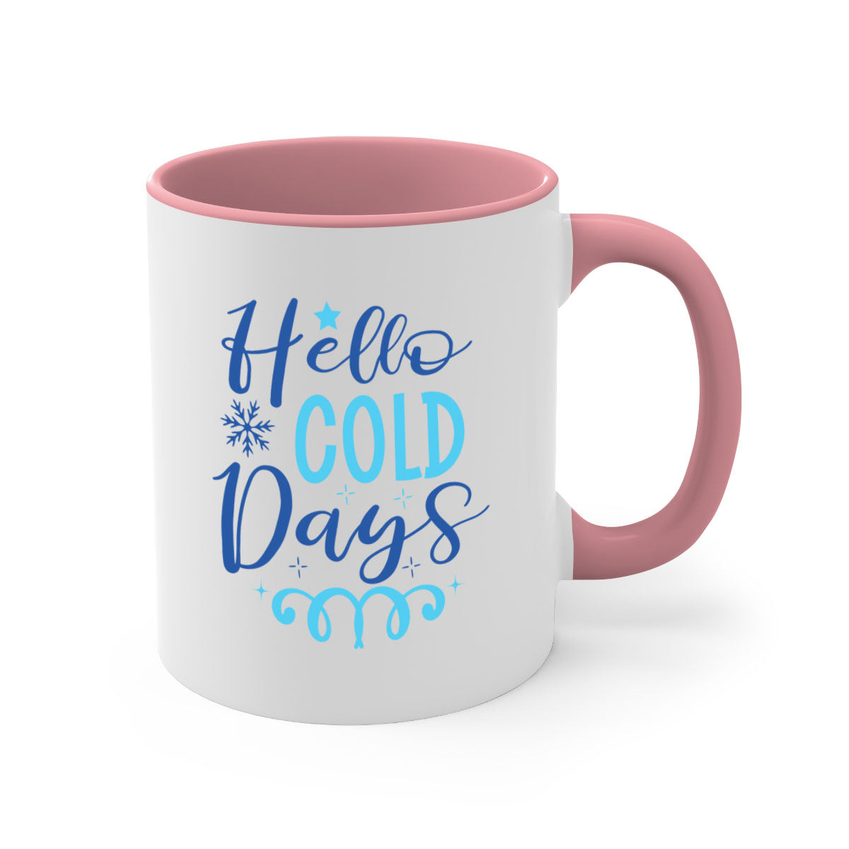 Hello Cold Days 145# winter mug with a glossy finish and colored handle, available in multiple colors and sizes.
