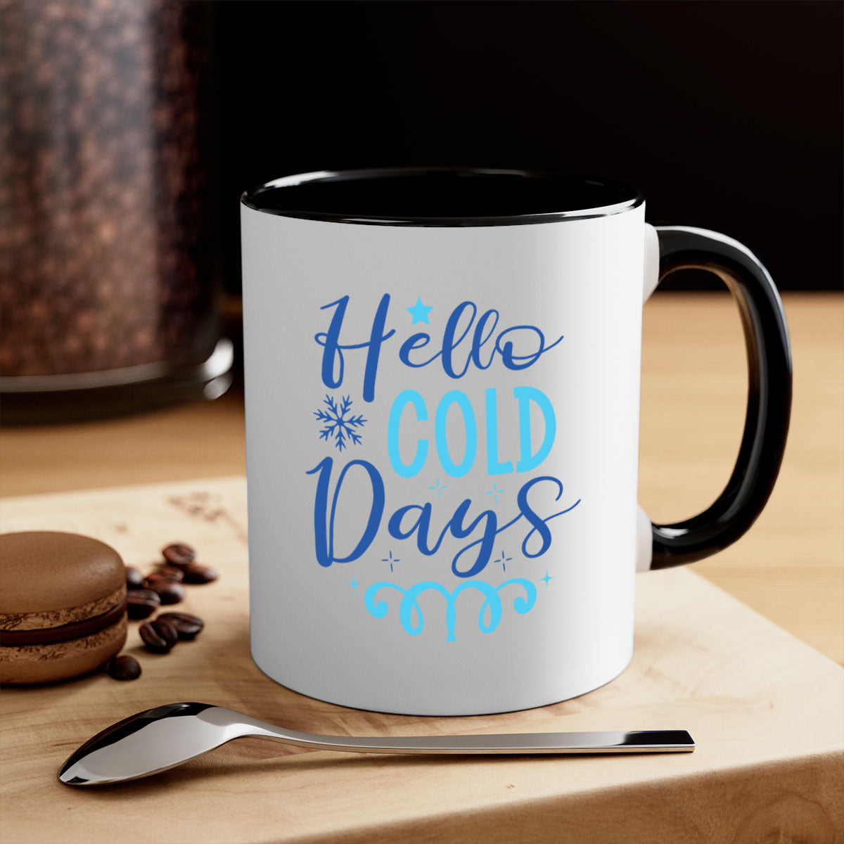 Hello Cold Days 145# winter mug with a glossy finish and colored handle, available in multiple colors and sizes.