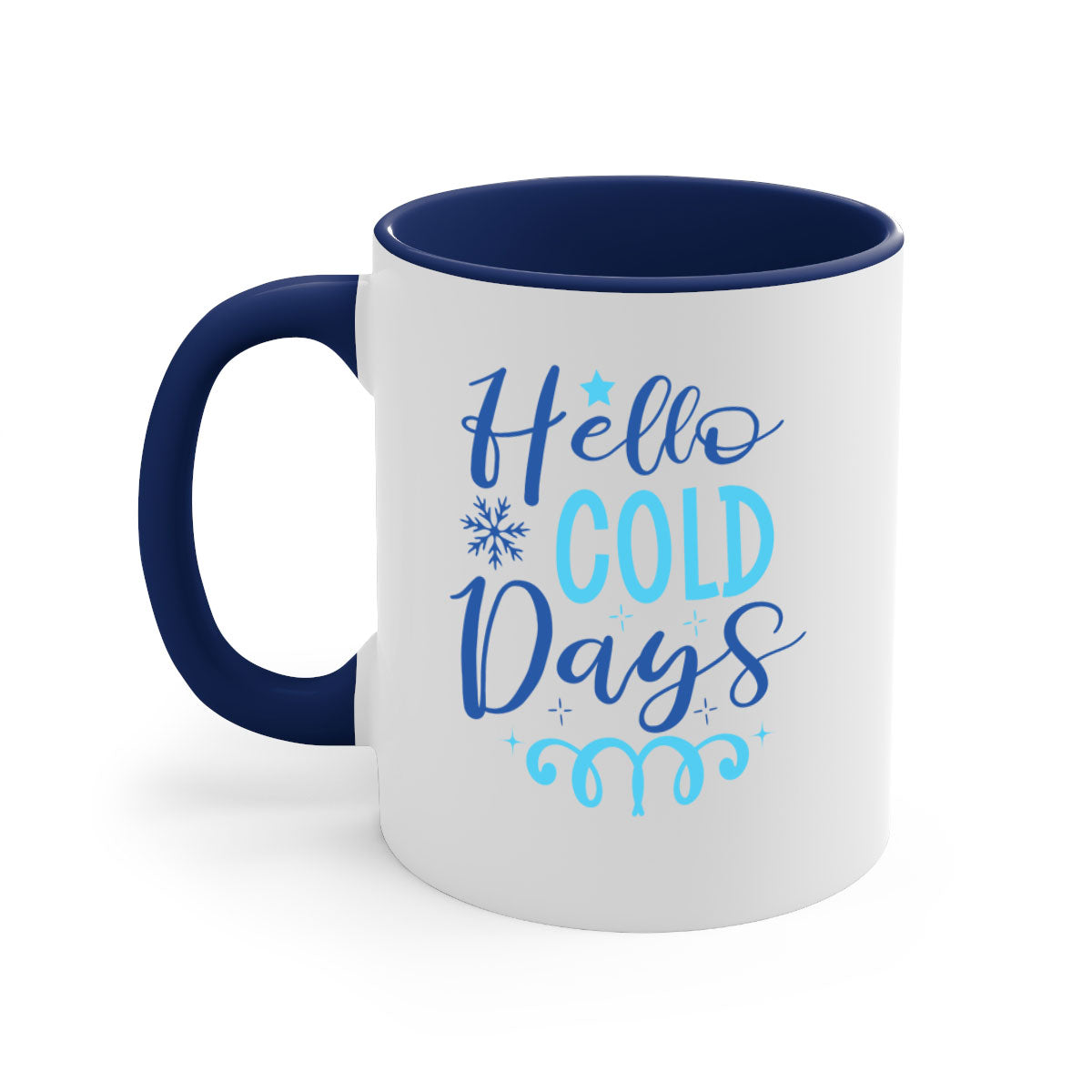 Hello Cold Days 145# winter mug with a glossy finish and colored handle, available in multiple colors and sizes.