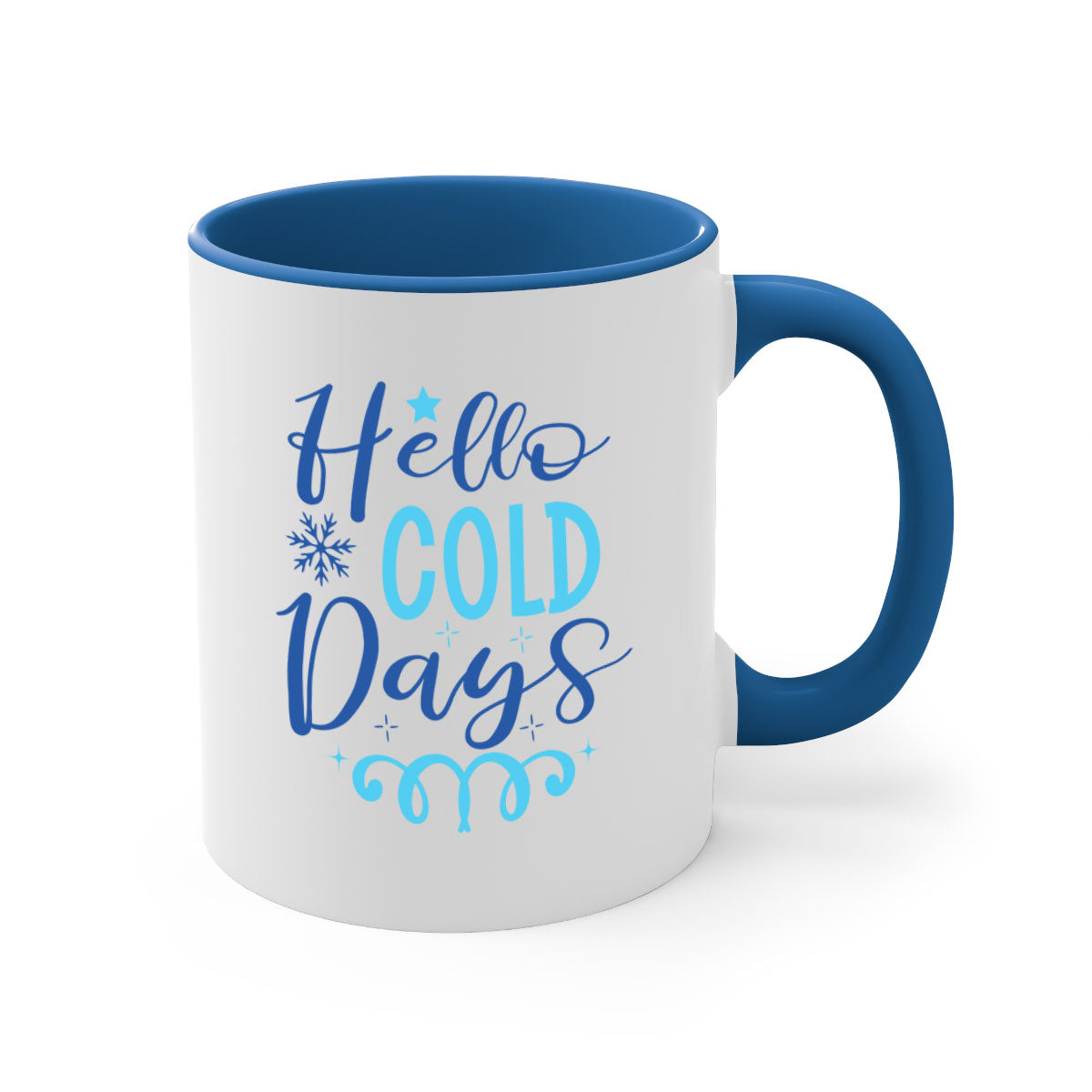 Hello Cold Days 145# winter mug with a glossy finish and colored handle, available in multiple colors and sizes.
