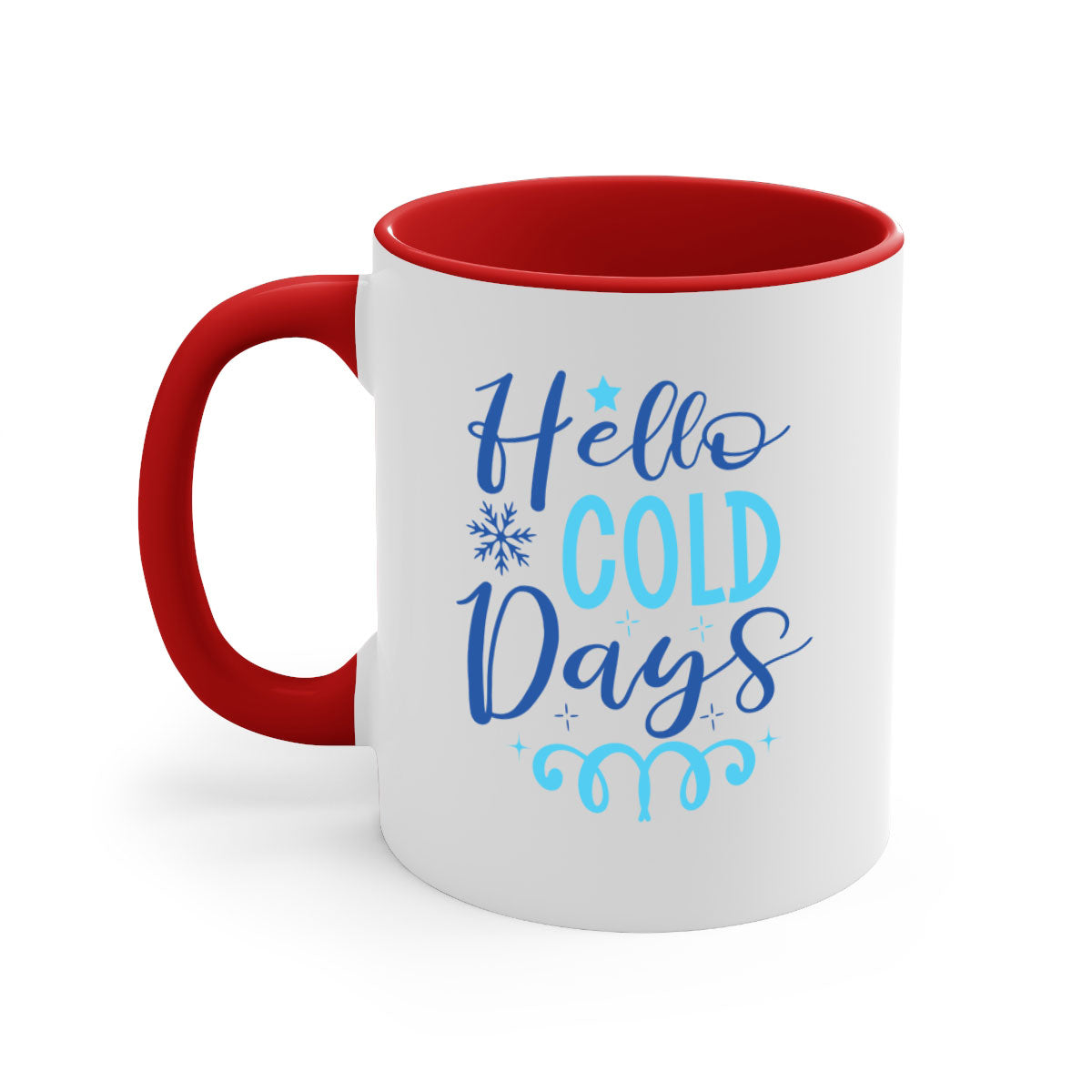 Hello Cold Days 145# winter mug with a glossy finish and colored handle, available in multiple colors and sizes.