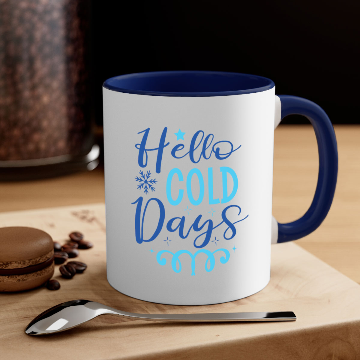 Hello Cold Days 145# winter mug with a glossy finish and colored handle, available in multiple colors and sizes.