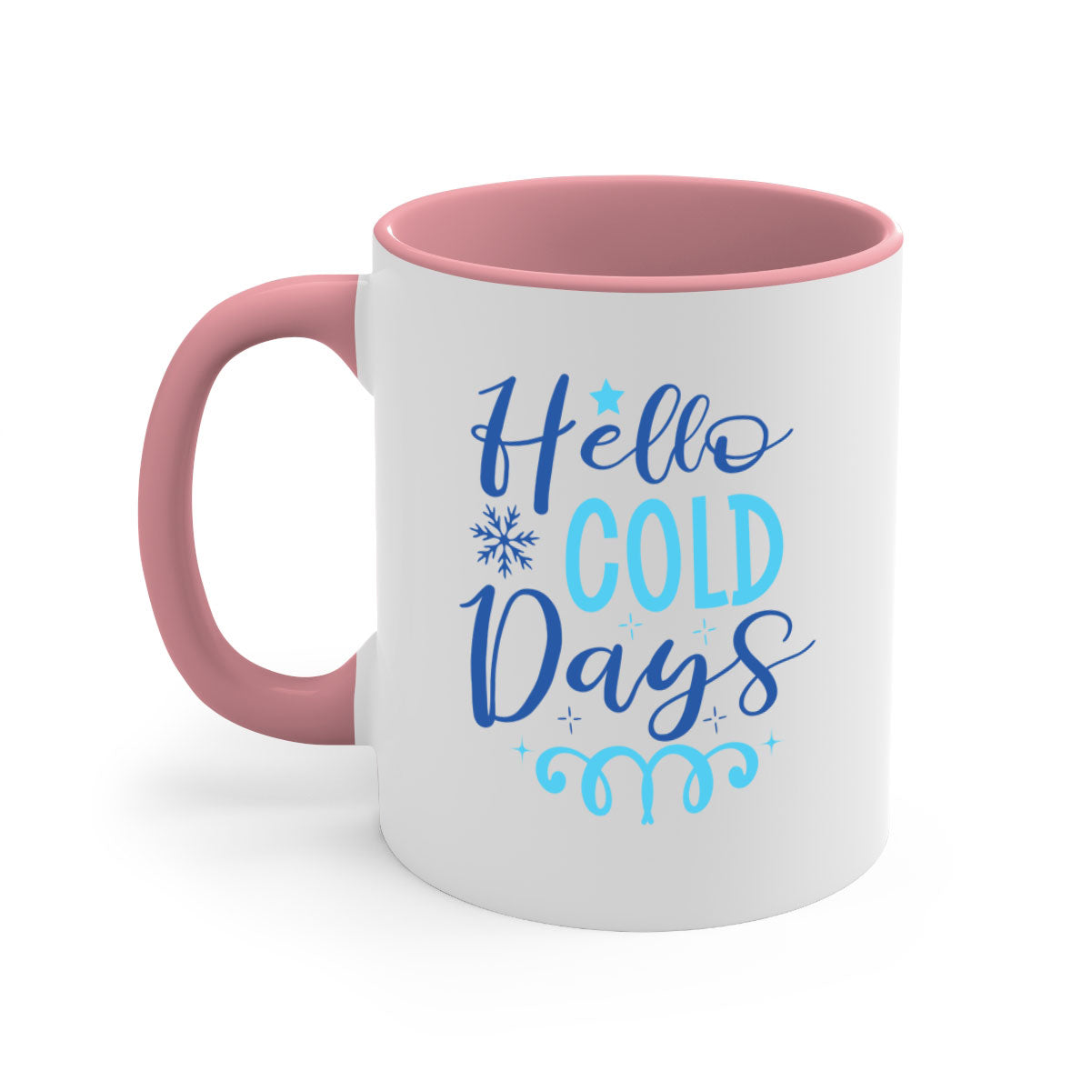 Hello Cold Days 145# winter mug with a glossy finish and colored handle, available in multiple colors and sizes.