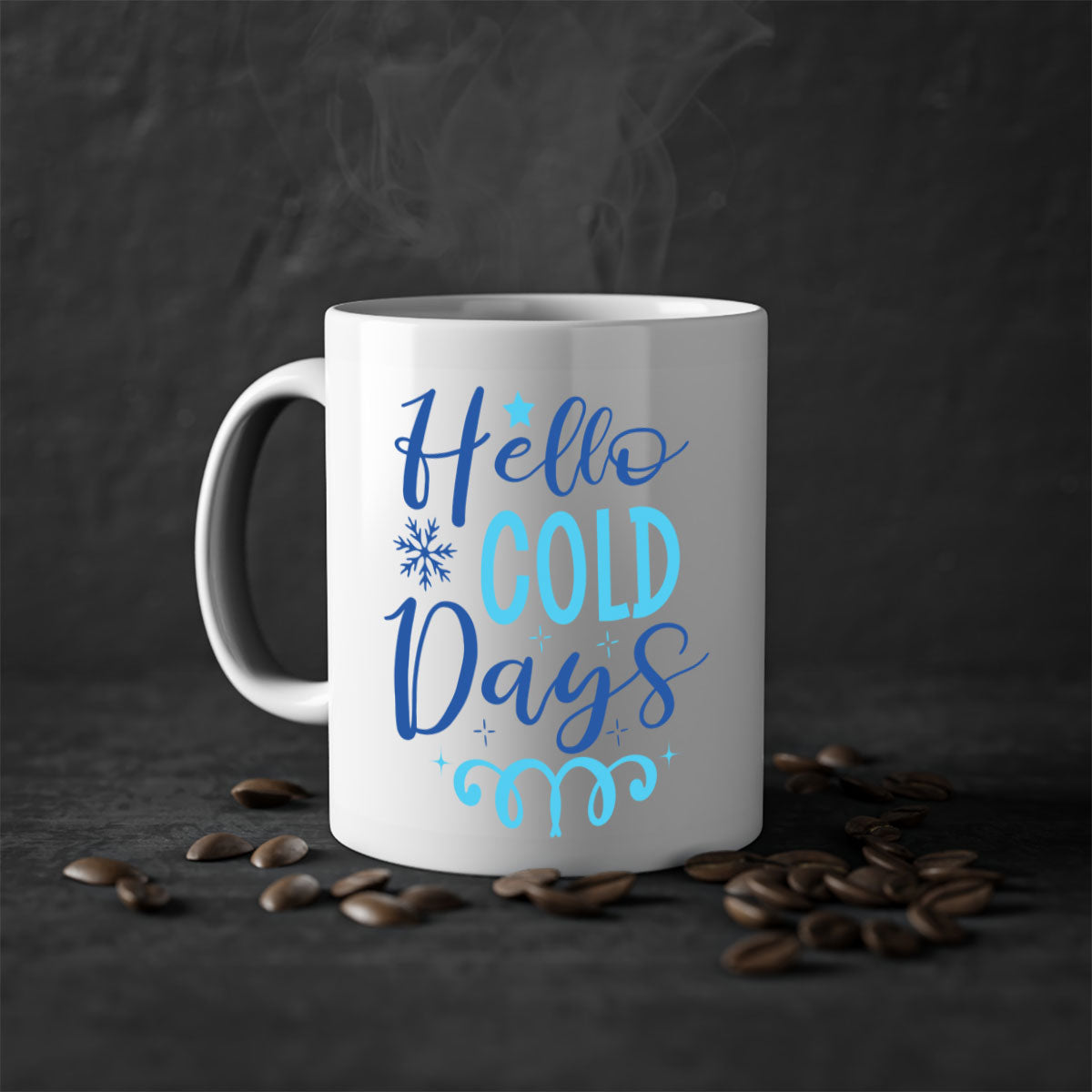 Hello Cold Days 145# winter mug with a glossy finish and colored handle, available in multiple colors and sizes.