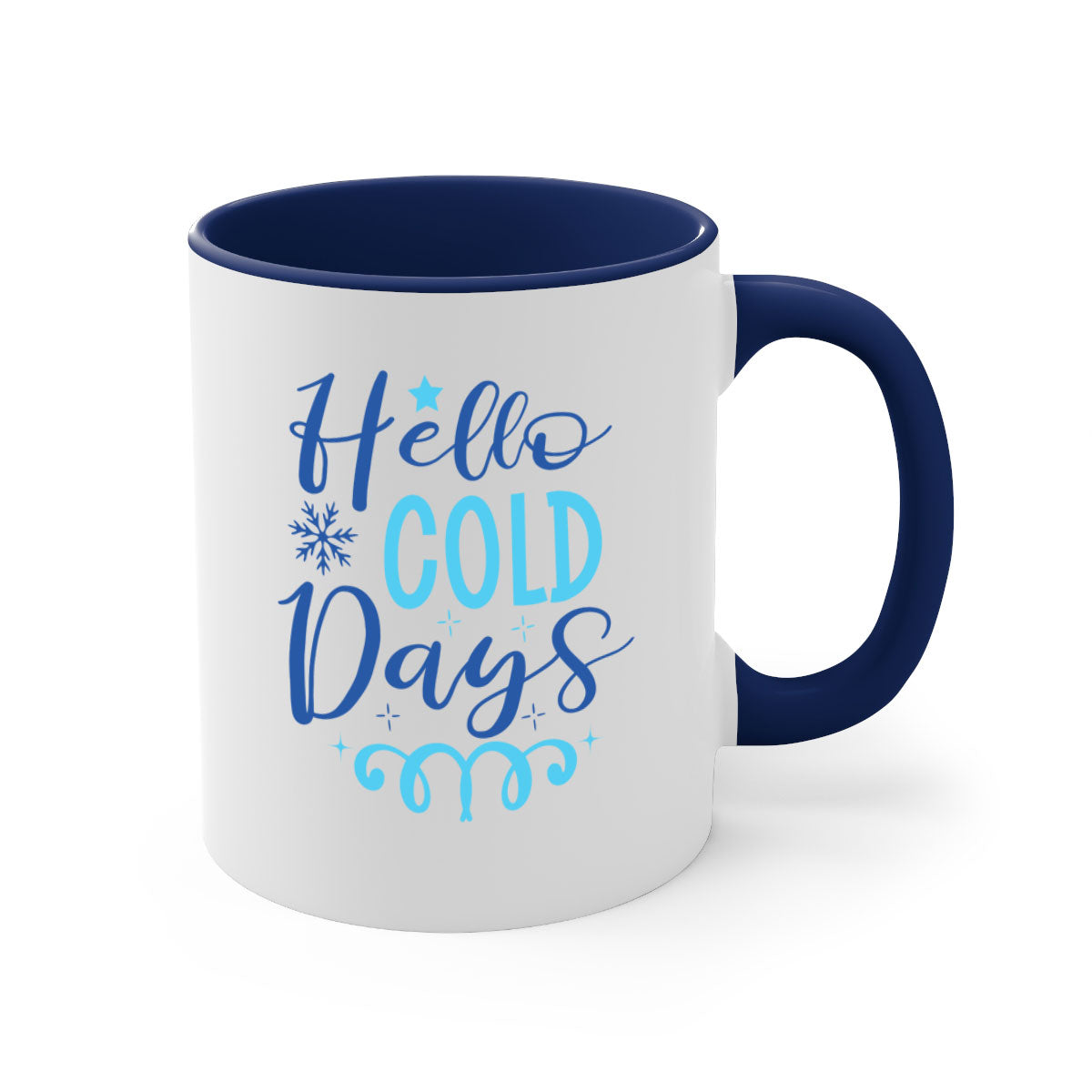 Hello Cold Days 145# winter mug with a glossy finish and colored handle, available in multiple colors and sizes.