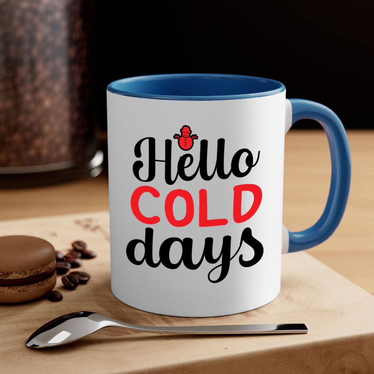Hello cold days 147# winter mug with a glossy finish, featuring a colored handle and interior, available in multiple colors.