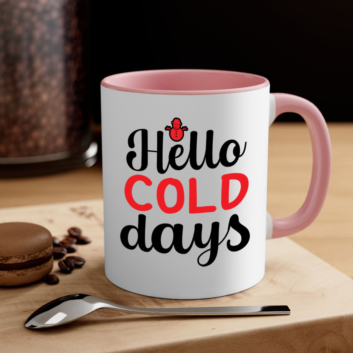 Hello cold days 147# winter mug with a glossy finish, featuring a colored handle and interior, available in multiple colors.