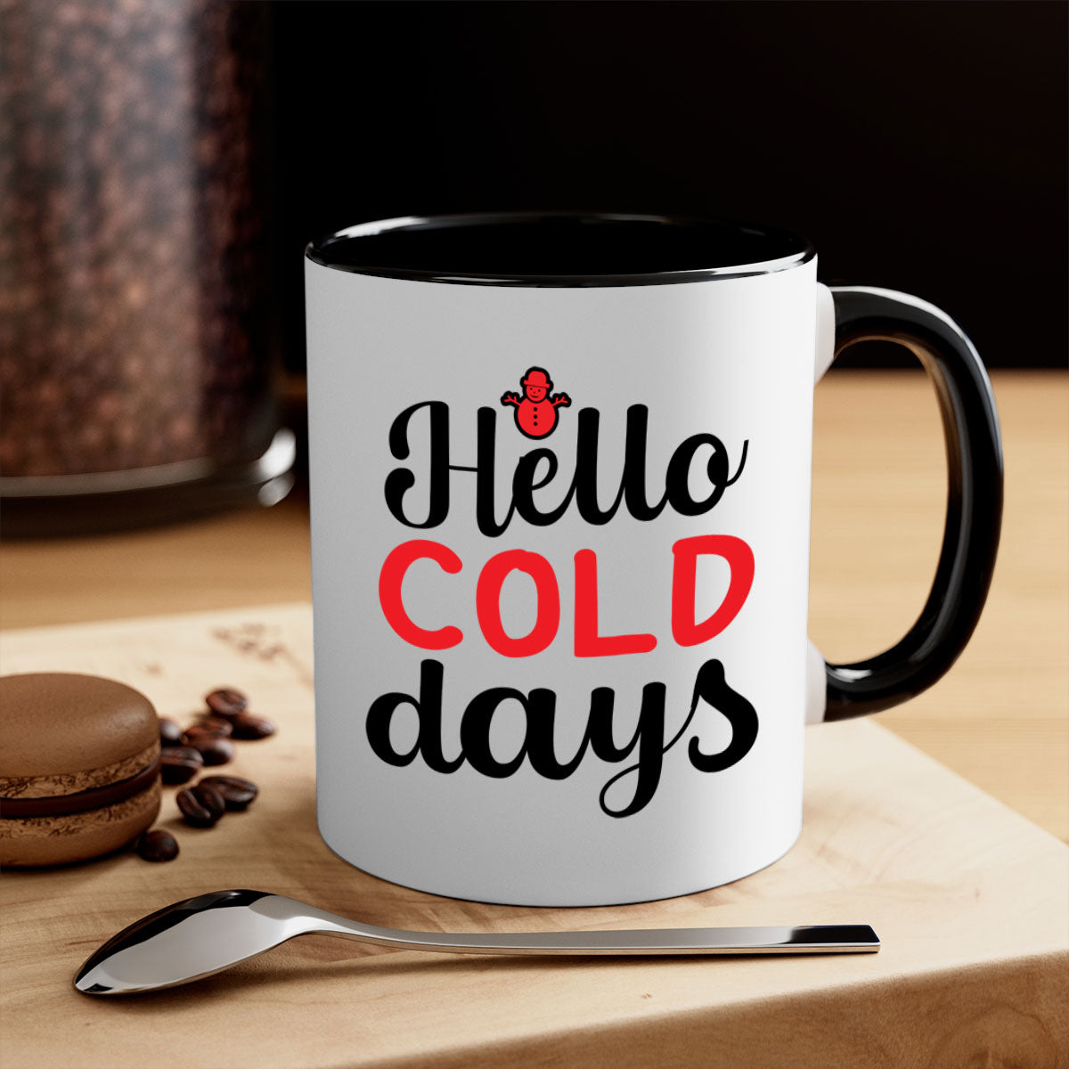 Hello cold days 147# winter mug with a glossy finish, featuring a colored handle and interior, available in multiple colors.