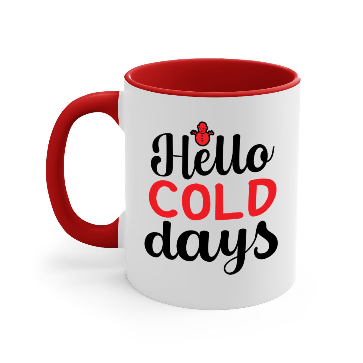 Hello cold days 147# winter mug with a glossy finish, featuring a colored handle and interior, available in multiple colors.