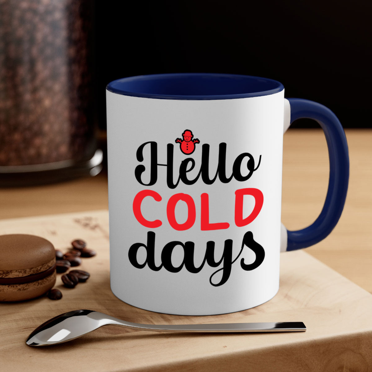 Hello cold days 147# winter mug with a glossy finish, featuring a colored handle and interior, available in multiple colors.