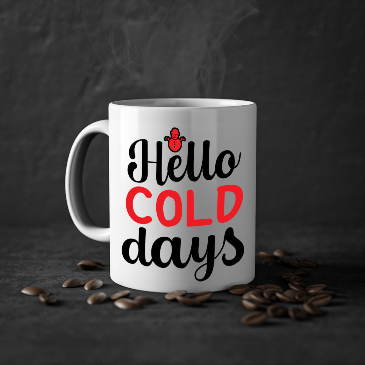 Hello cold days 147# winter mug with a glossy finish, featuring a colored handle and interior, available in multiple colors.