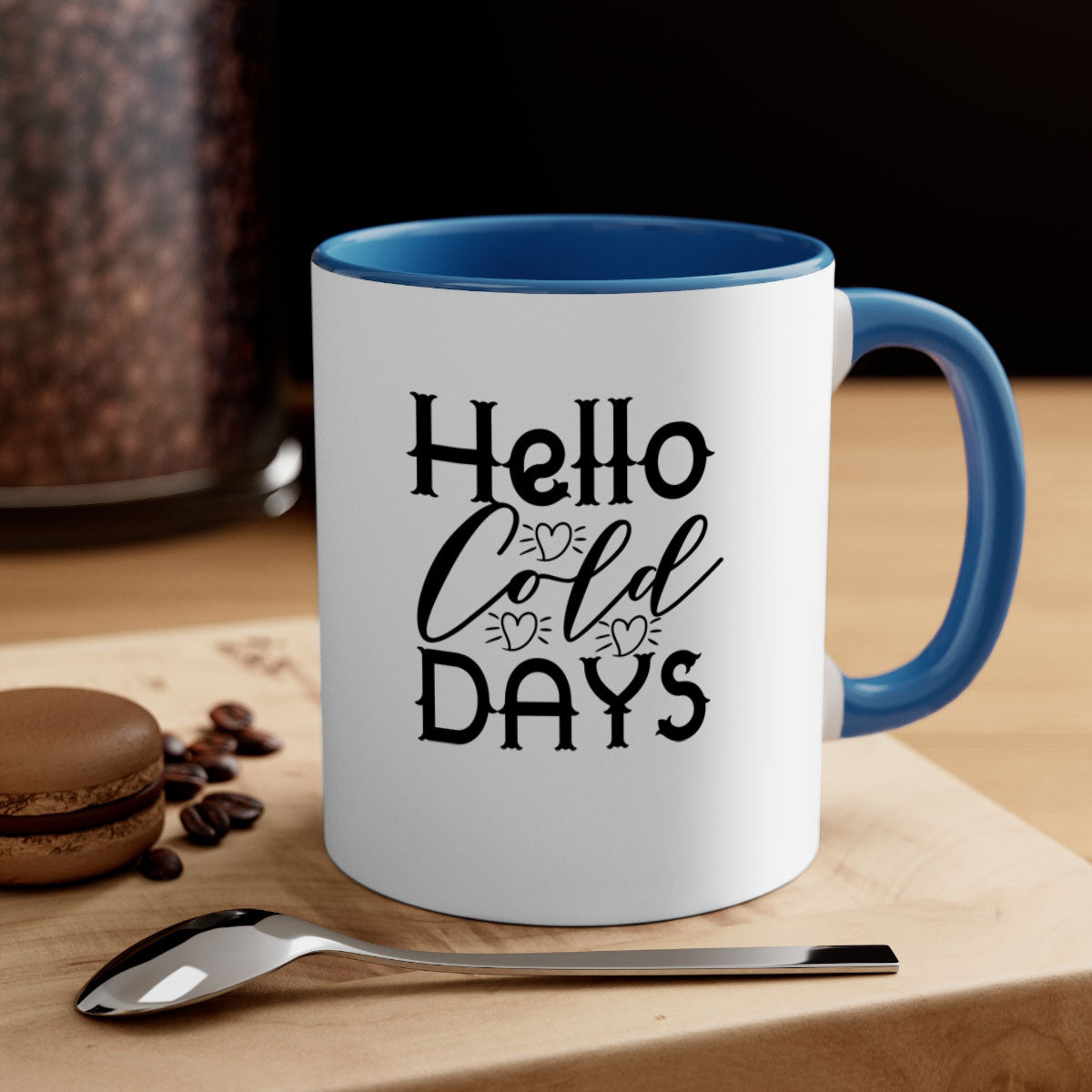 Hello Cold Days 148# winter mug featuring a glossy finish, colored handle, and interior, available in multiple colors and sizes.