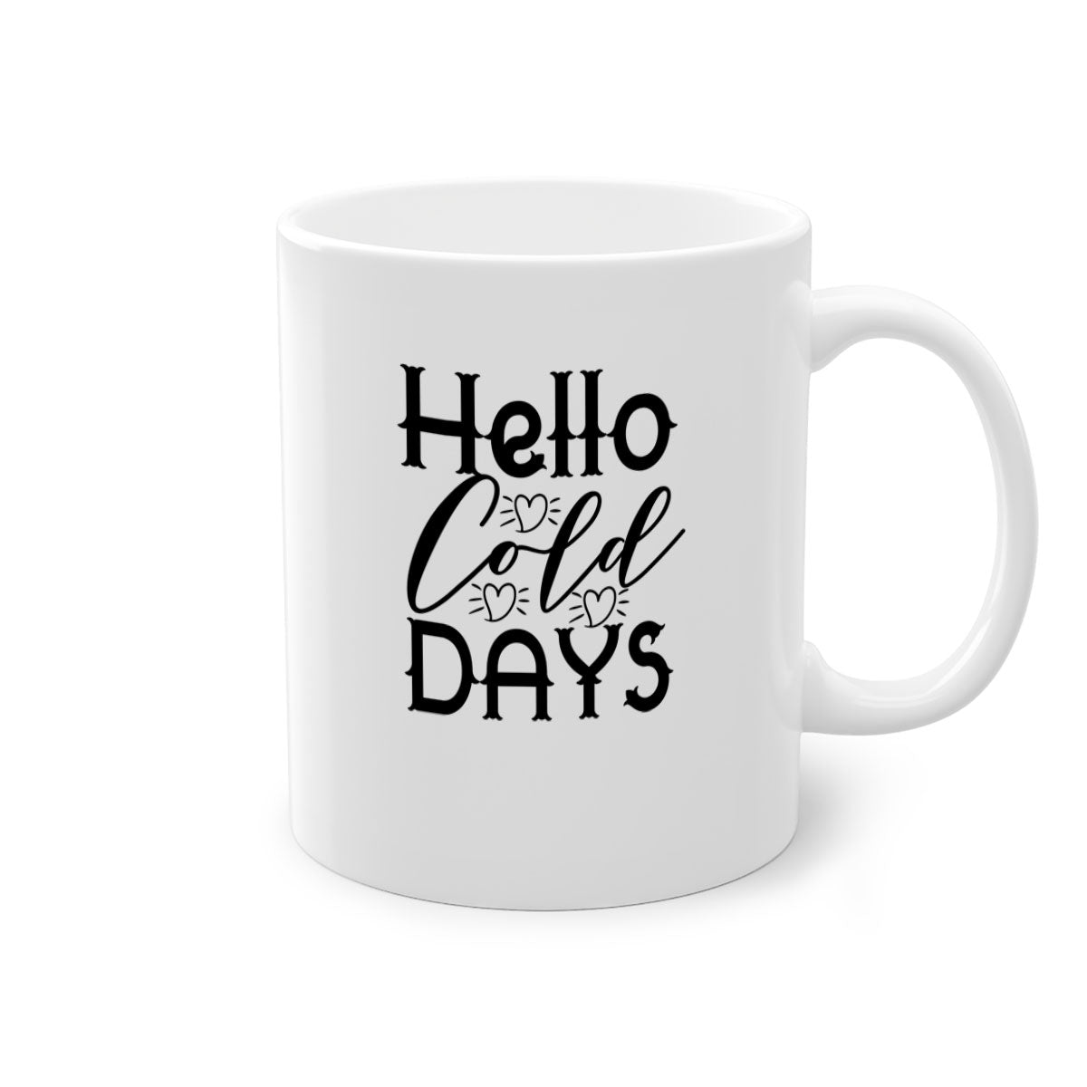 Hello Cold Days 148# winter mug featuring a glossy finish, colored handle, and interior, available in multiple colors and sizes.