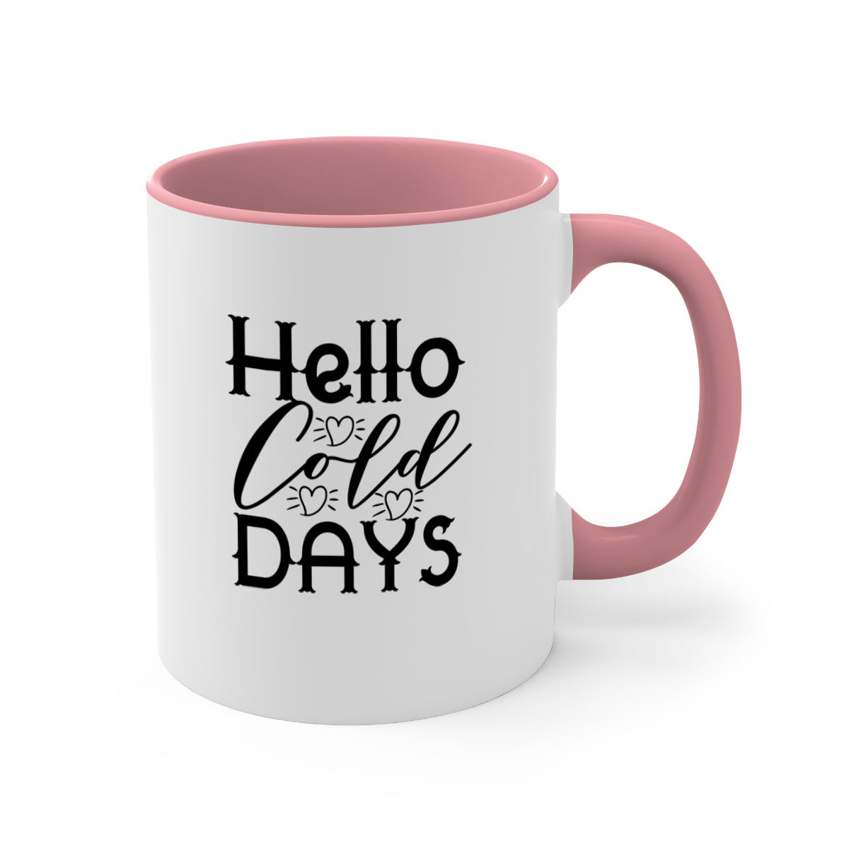 Hello Cold Days 148# winter mug featuring a glossy finish, colored handle, and interior, available in multiple colors and sizes.