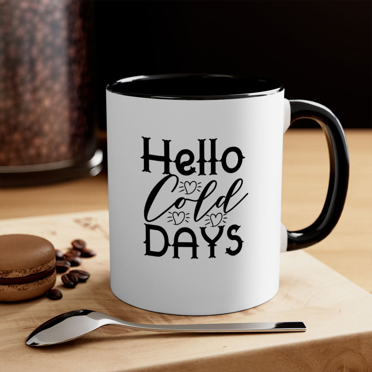 Hello Cold Days 148# winter mug featuring a glossy finish, colored handle, and interior, available in multiple colors and sizes.