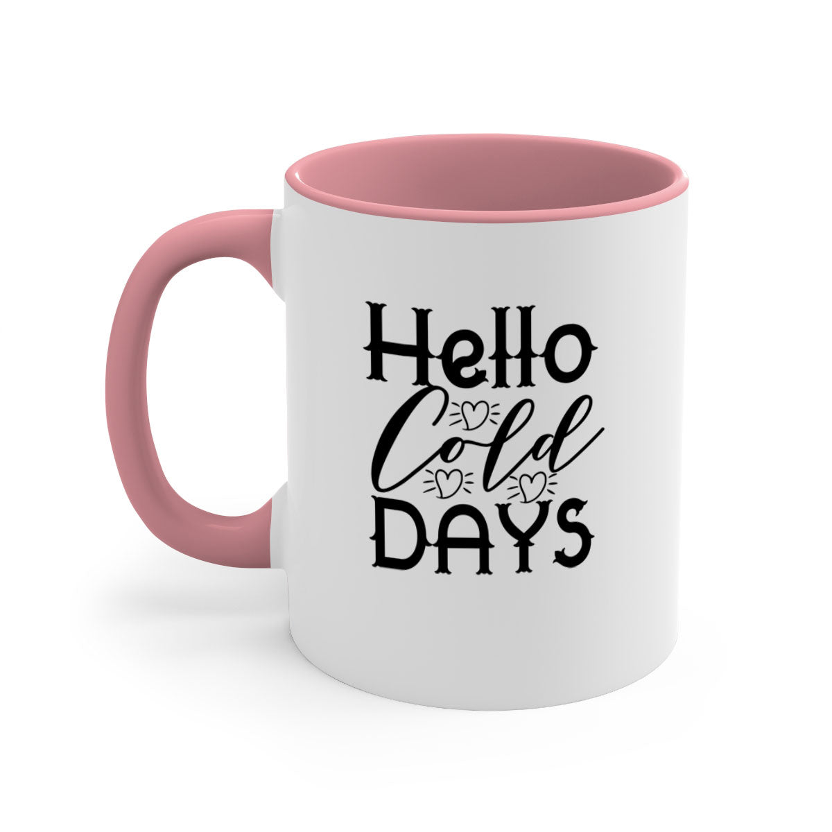 Hello Cold Days 148# winter mug featuring a glossy finish, colored handle, and interior, available in multiple colors and sizes.