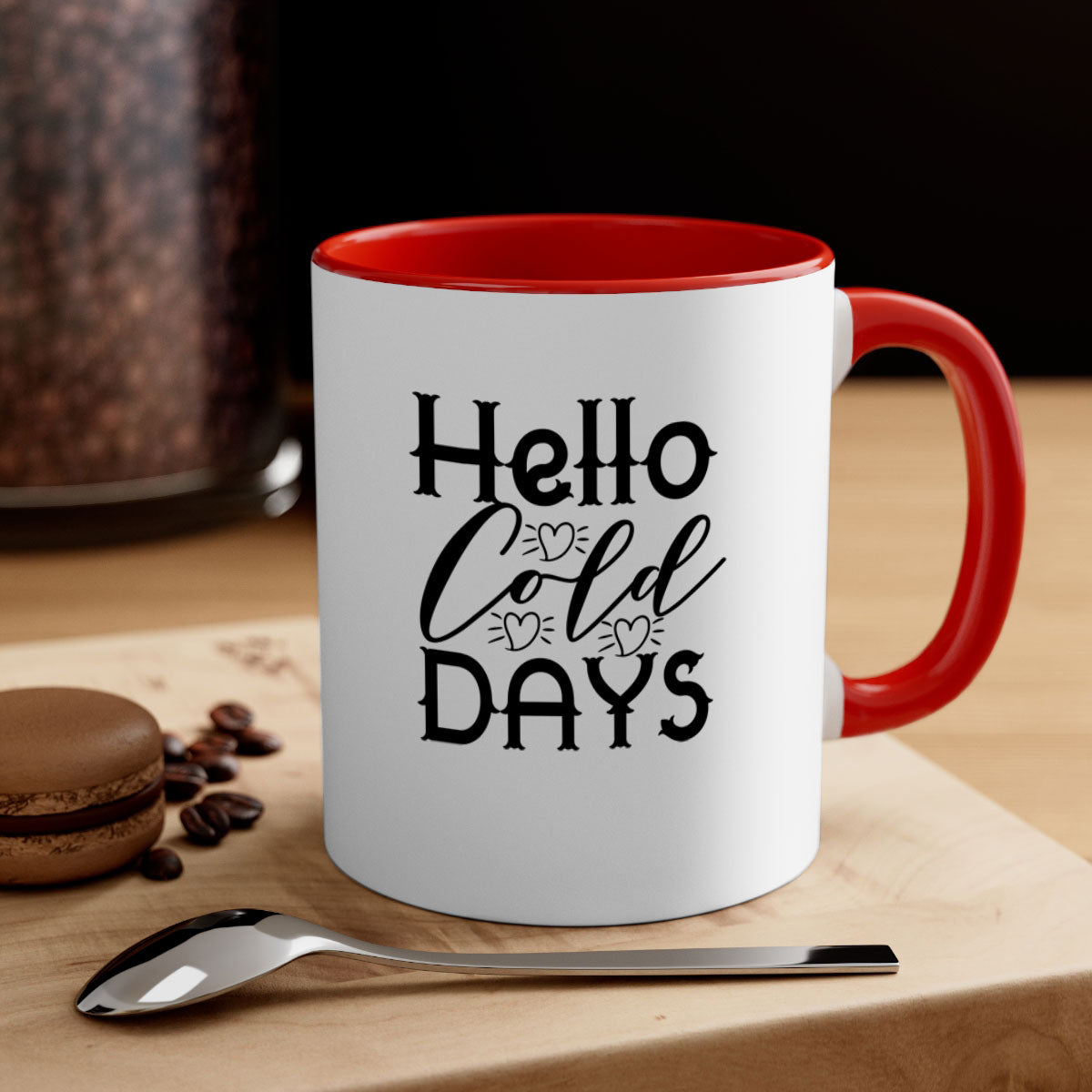 Hello Cold Days 148# winter mug featuring a glossy finish, colored handle, and interior, available in multiple colors and sizes.