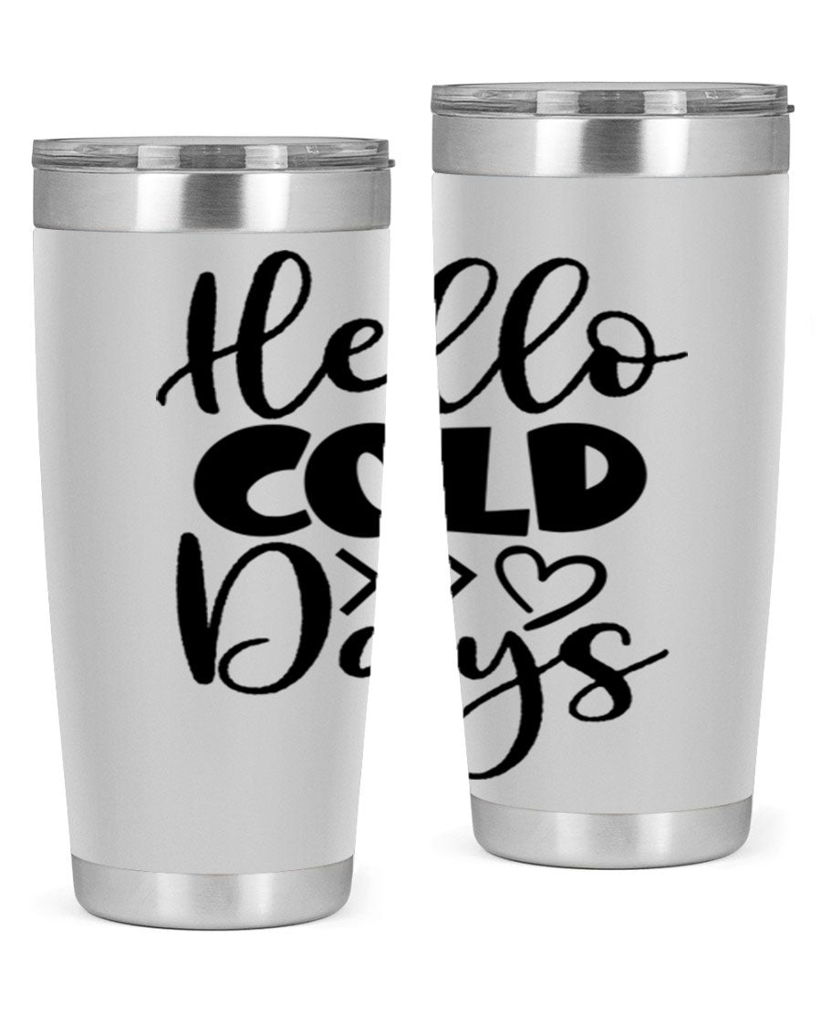 Hello Cold Days 149# winter tumbler in stainless steel with a drink-thru lid, showcasing its sleek design and insulation features.