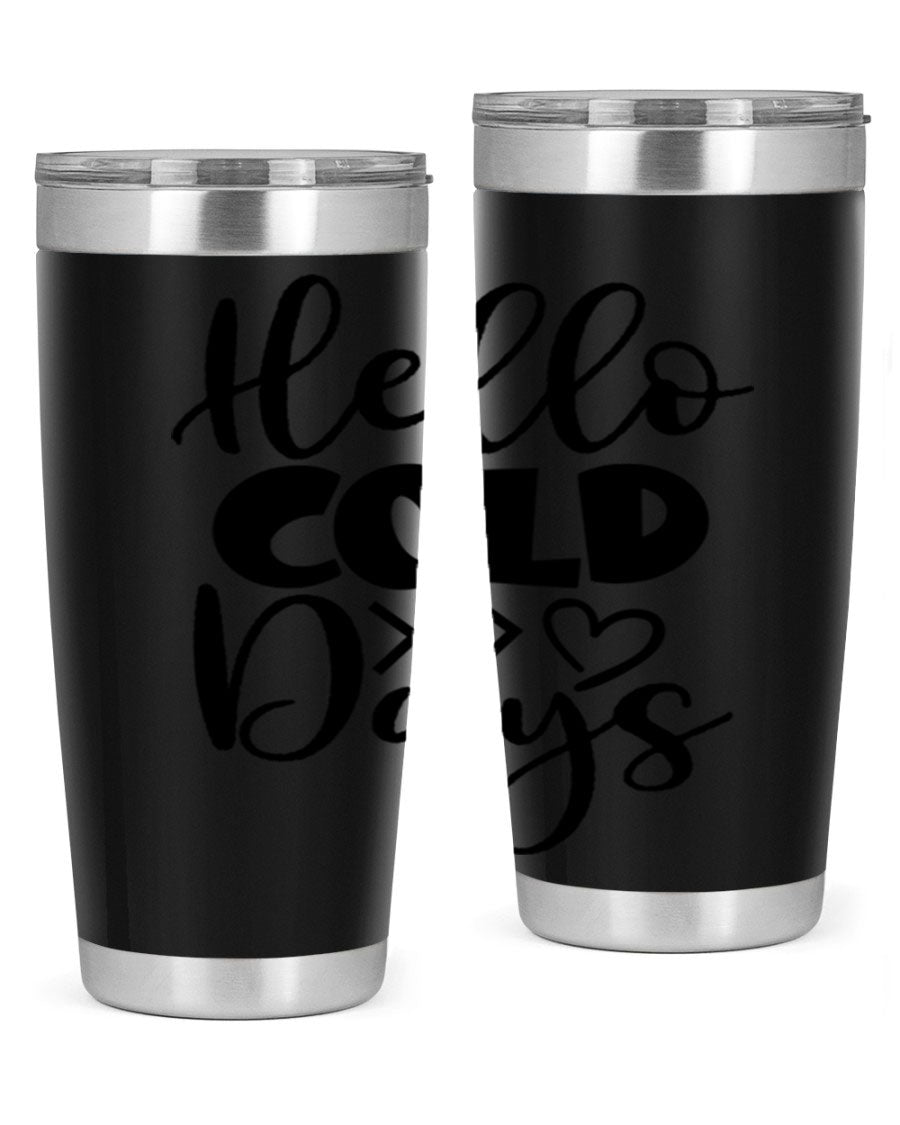 Hello Cold Days 149# winter tumbler in stainless steel with a drink-thru lid, showcasing its sleek design and insulation features.