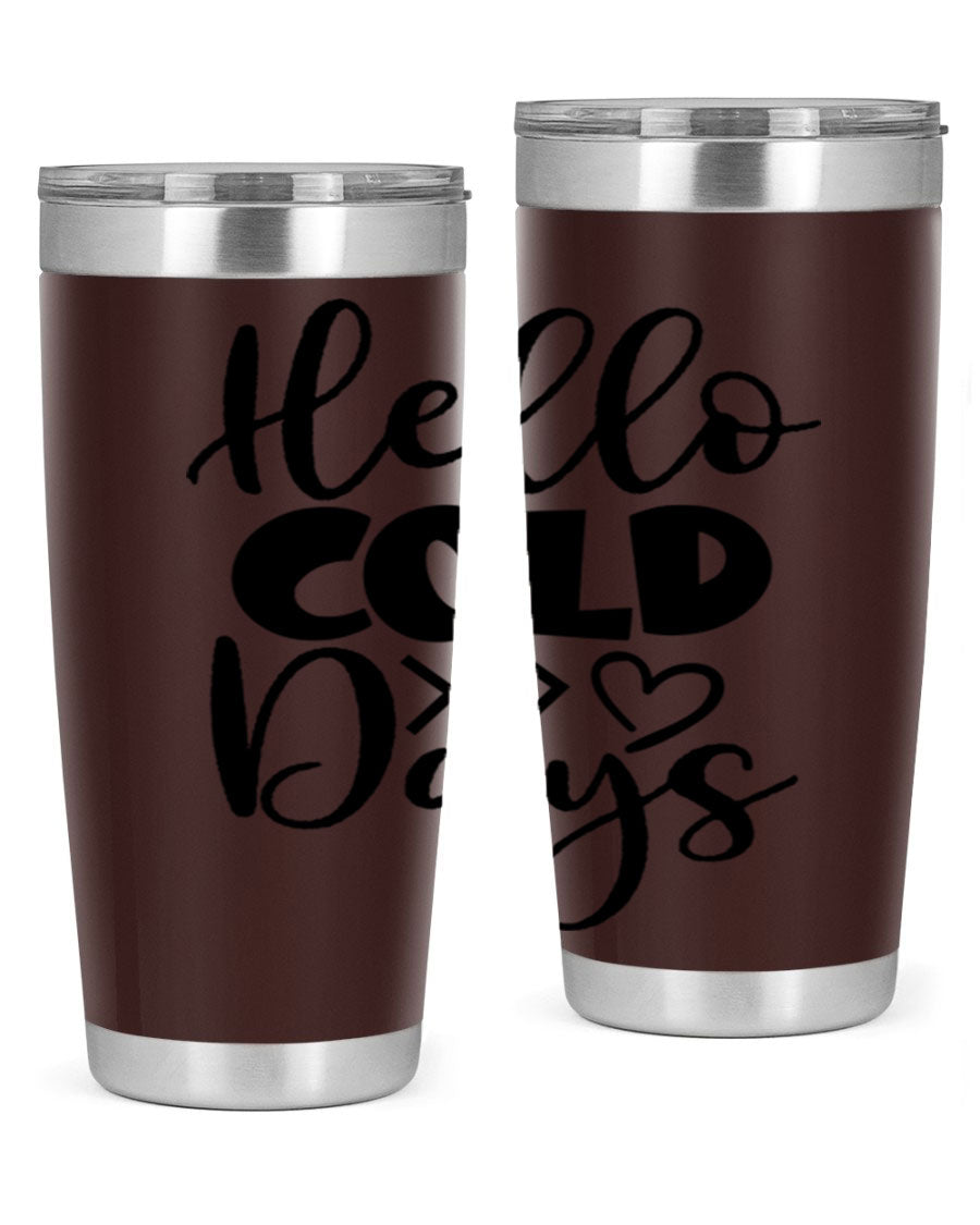 Hello Cold Days 149# winter tumbler in stainless steel with a drink-thru lid, showcasing its sleek design and insulation features.