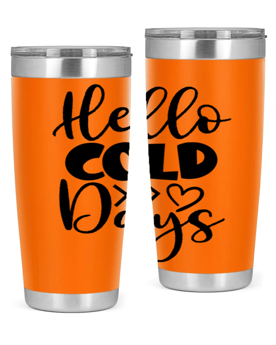 Hello Cold Days 149# winter tumbler in stainless steel with a drink-thru lid, showcasing its sleek design and insulation features.