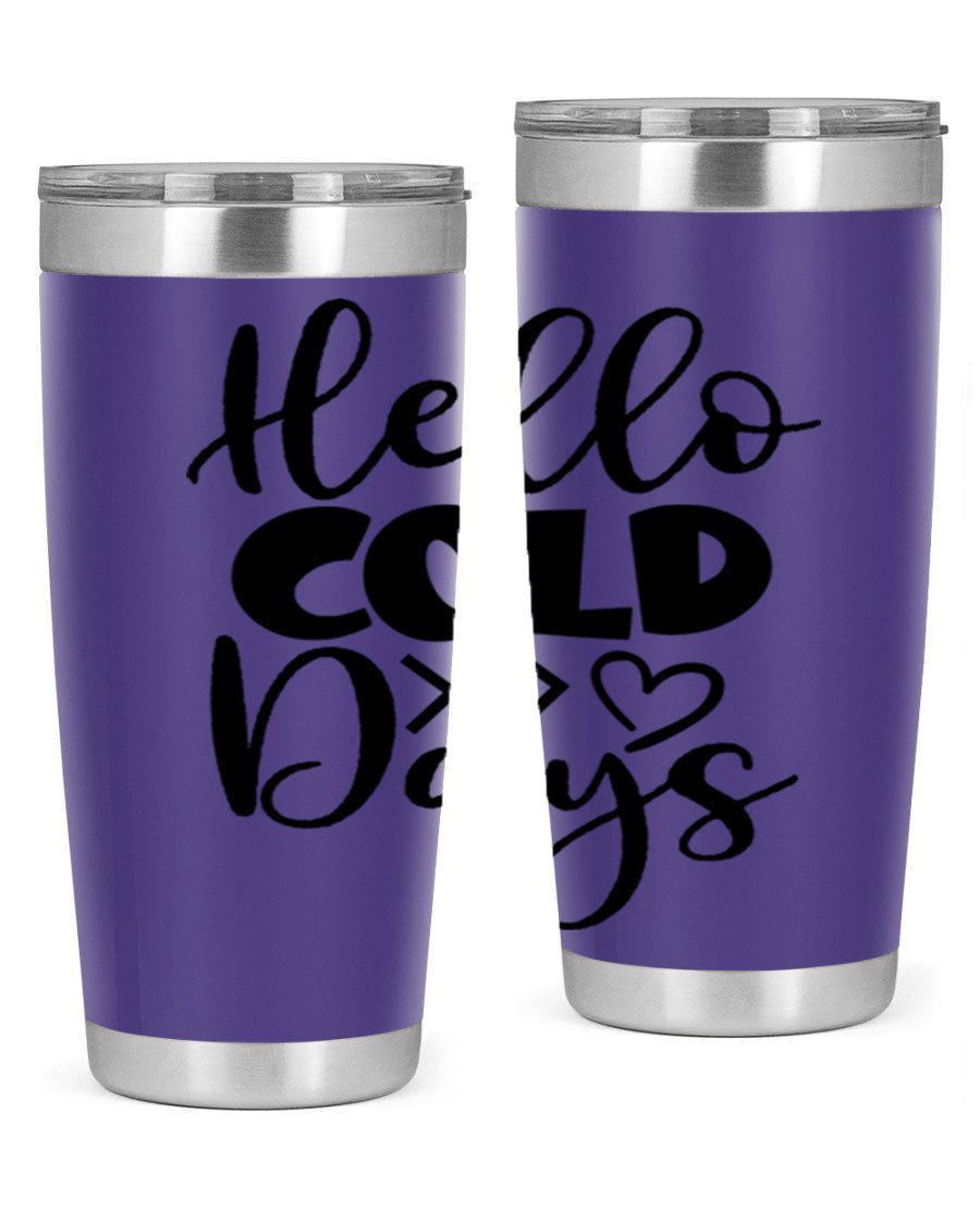 Hello Cold Days 149# winter tumbler in stainless steel with a drink-thru lid, showcasing its sleek design and insulation features.